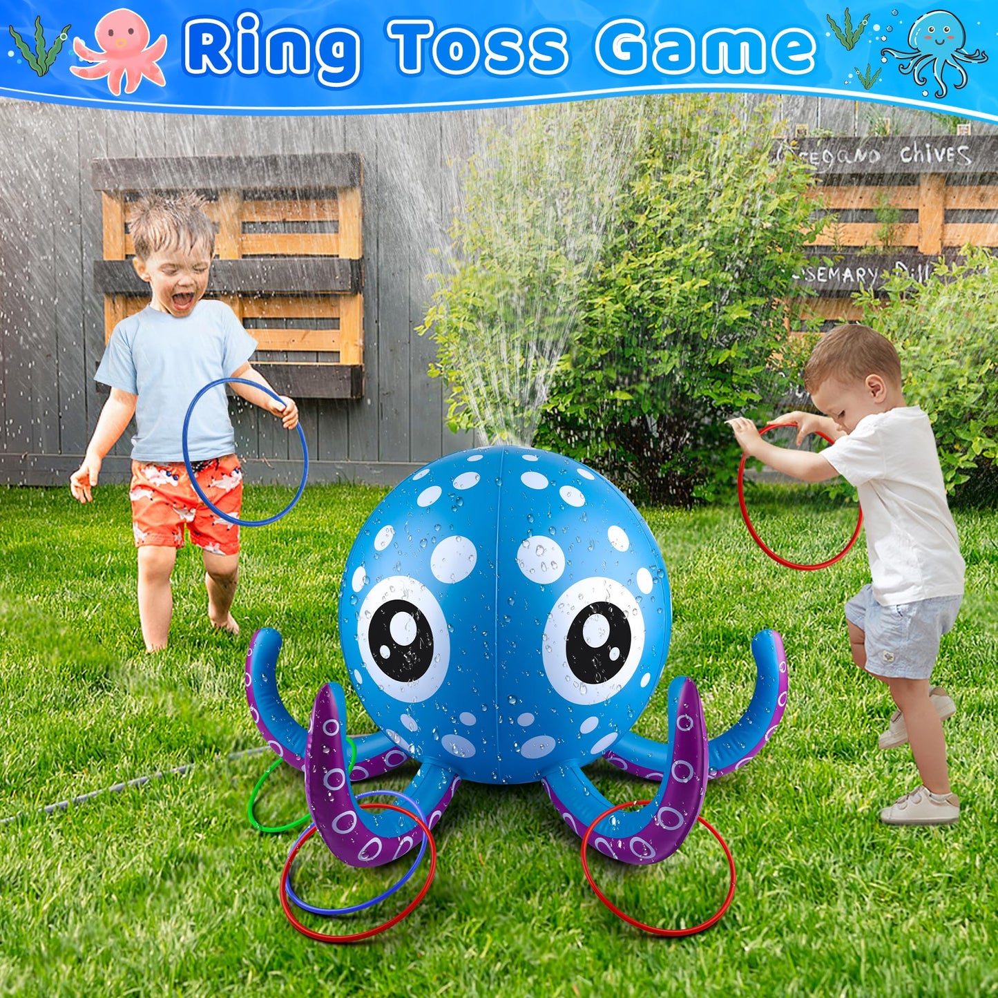 Sprinkler for Kids Inflatable Octopus Water Toys with 6 Rings, Summer Outdoor Toys Backyard Water Spray Sprinkler Fun Pool Toys for 3 4 5 6 Years and Up Boys Girls Gifts