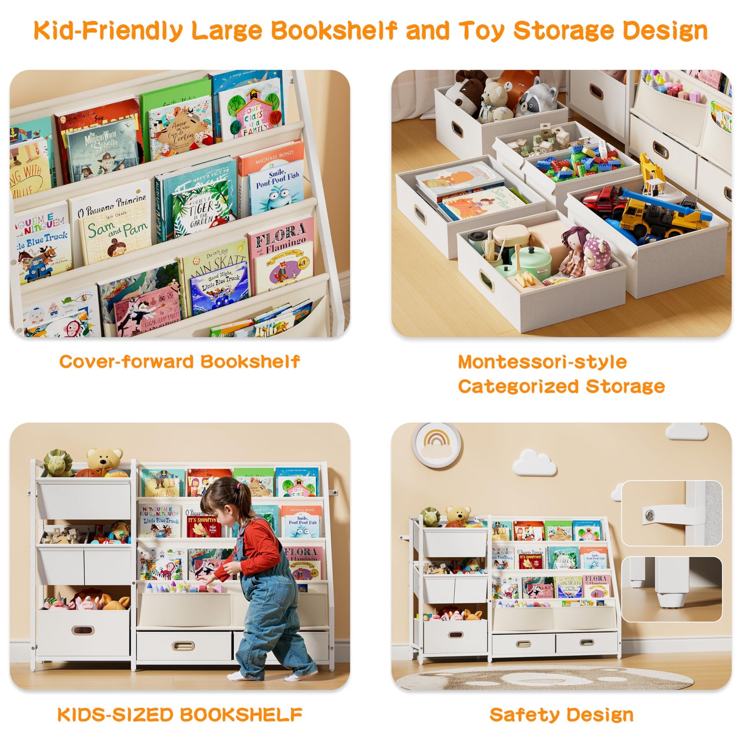 HAVLOTII Kids Bookshelf and Toy Storage - Book Shelf for Kids Rooms, Toddler Bookshelves Baby Bookcase for Nursery, Montessori Toy Organizer, 6 Toy Bins for Kids Toy Storage