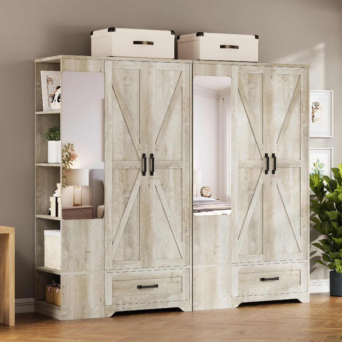 LIKIMIO Armoire Wardrobe Closet 70 Inches, Large Storage with Mirror, 2 Doors, Drawer, and Shelves, Modern Bedroom Freestanding Wooden Wardrobe Combination with Hanging Rail, Rustic Maple
