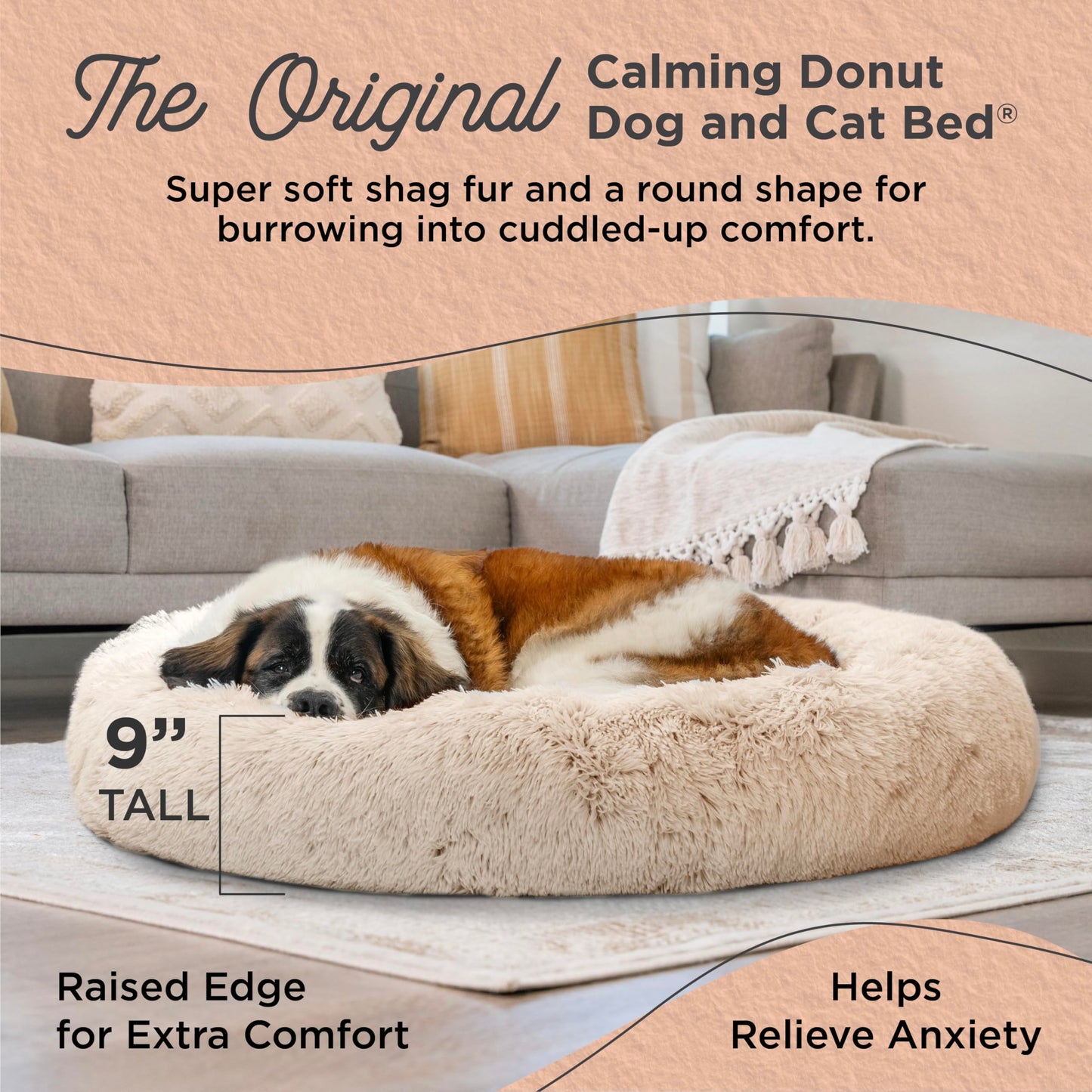Best Friends by Sheri The Original Calming Donut Dog Bed – Washable Plush Pet Bed for XL Breeds up to 150 lbs, Shag Faux Fur, Taupe, XL (45" x 45")