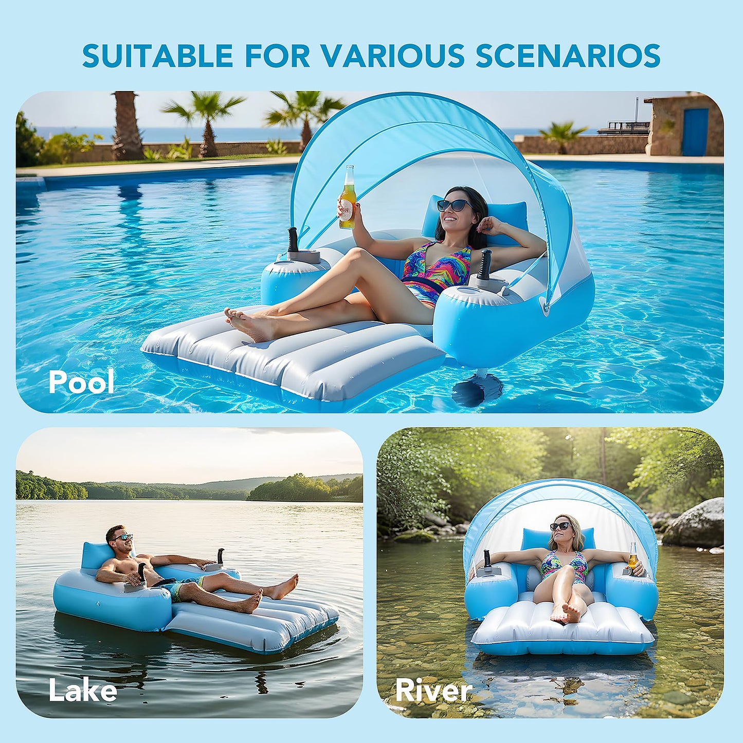 Motorized Pool Float with Canopy, Rechargeable Motorized Floats with Cup Holder – Dual Motor Heavy Duty Electric Lounger Raft for Adults, Pool, Lake & Party