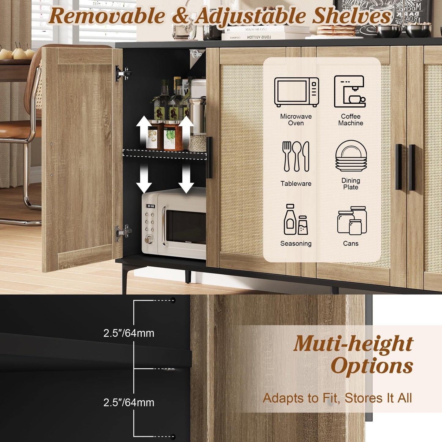JASIWAY Buffet Cabinet with Storage, 48" Rattan Sideboard with Adjustable Shelves, Modern Coffee Bar Cabinet Console Table with Doors, Credenza for Kitchen, Living Room, Entryway, Dining Room, Black