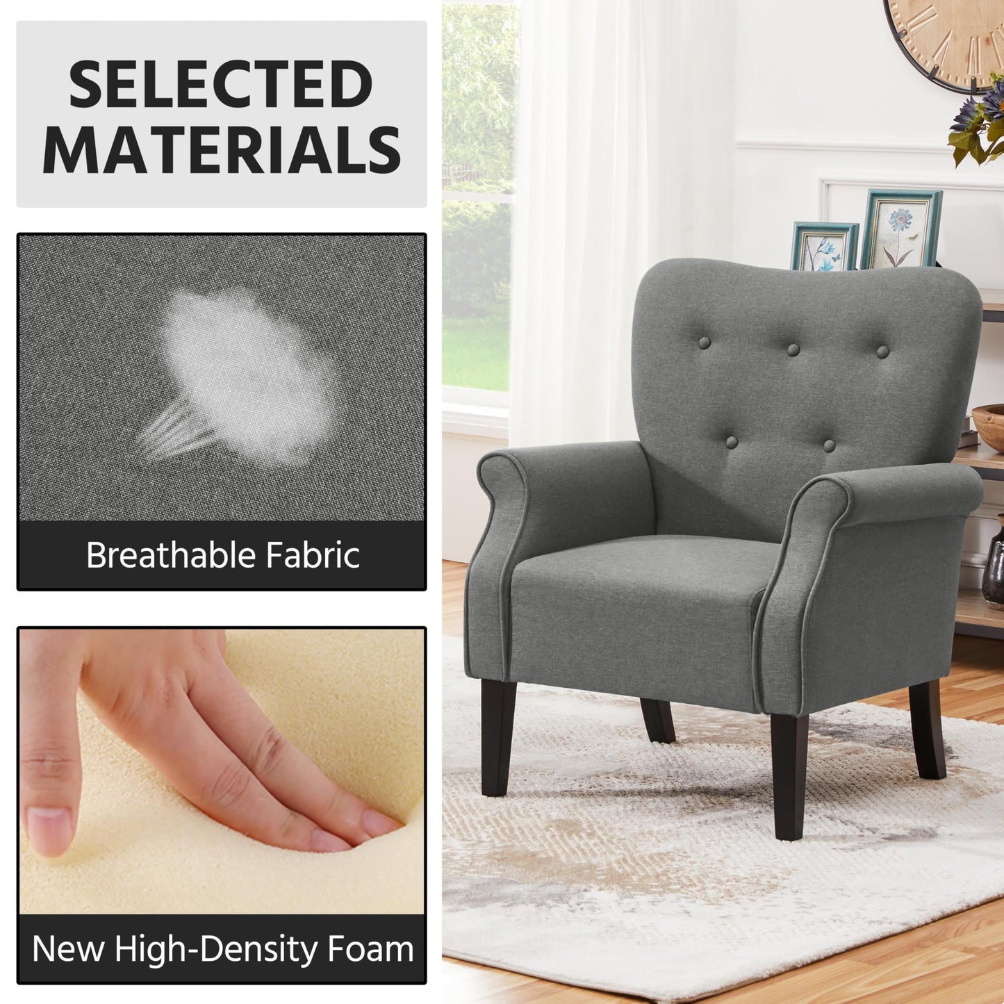 Yaheetech Modern Armchair, Mid Century Accent Chair with Sturdy Wood Legs and High Back for Small Space, Upholstered Fabric Sofa Club Chair for Living Room/Bedroom/Office, Dark Gray