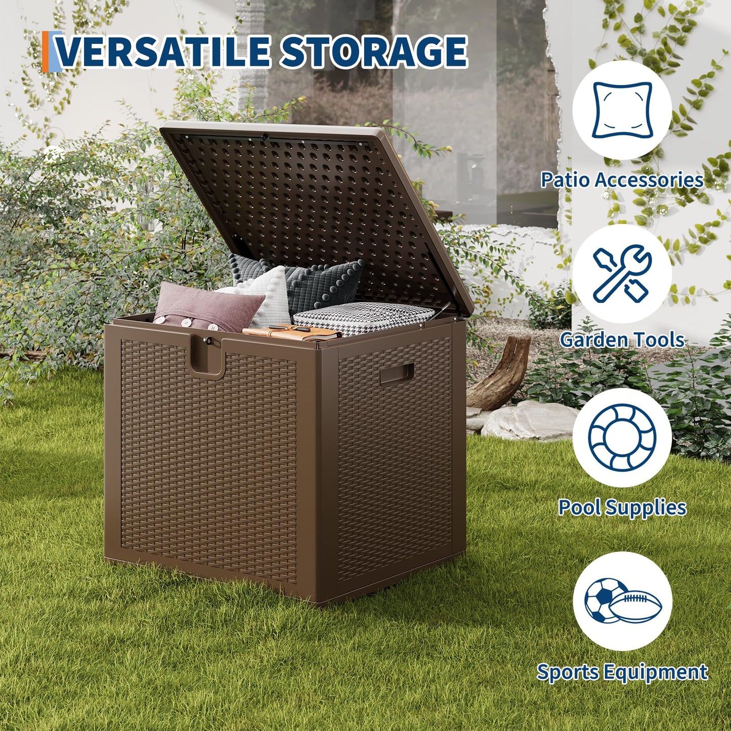Garvee 80 gal Outdoor Storage Box, Large Waterproof Resin Deck Box Indoor Outdoor Use, Lockable UV Resistant Storage Bin for Patio, Garden, Cushions, Tools, Equipment, Brown