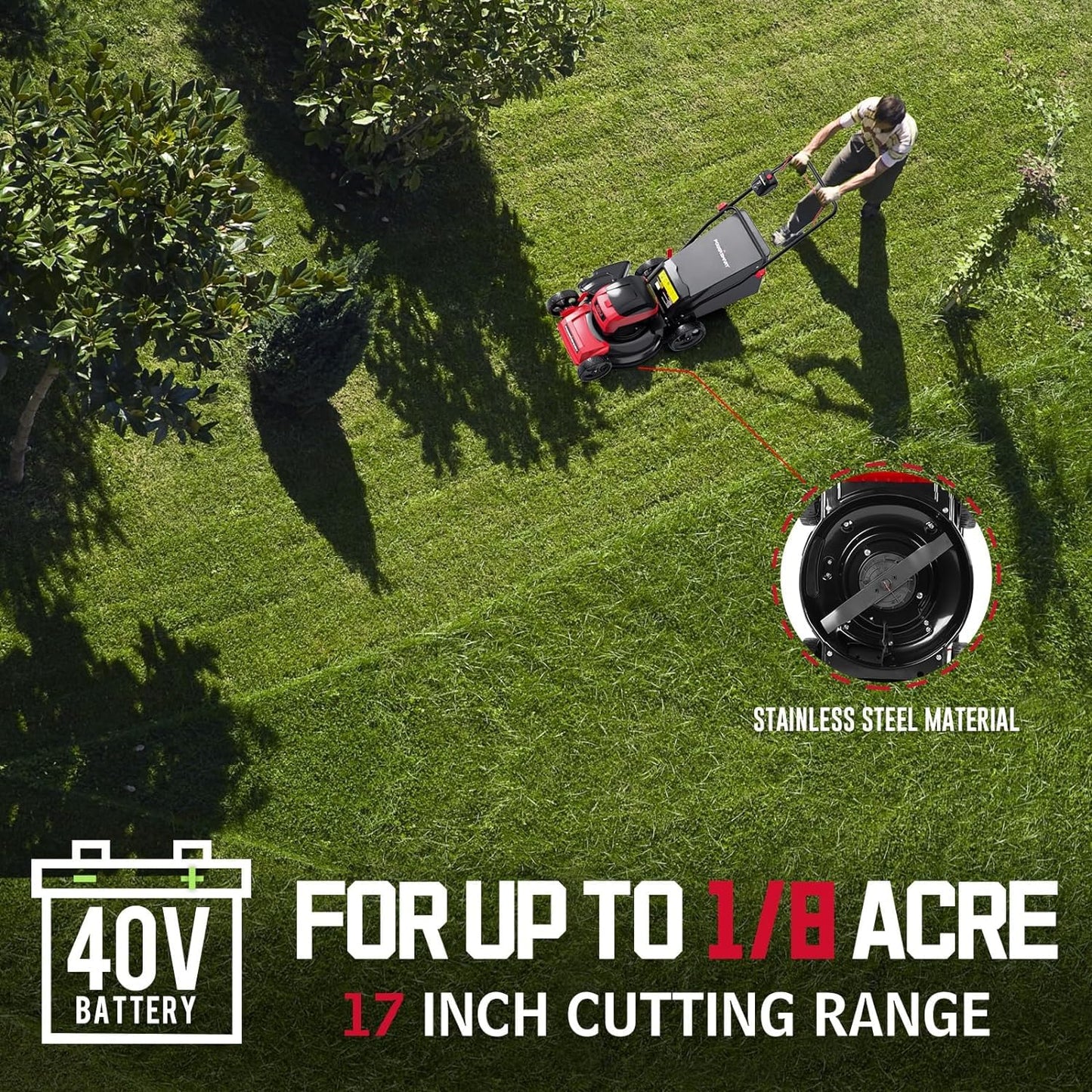 PowerSmart Electric Cordless Lawn Mower 17" 40V, 3-in-1 Brushless Push Lawn Mower, Lightweight, Foldable Handles