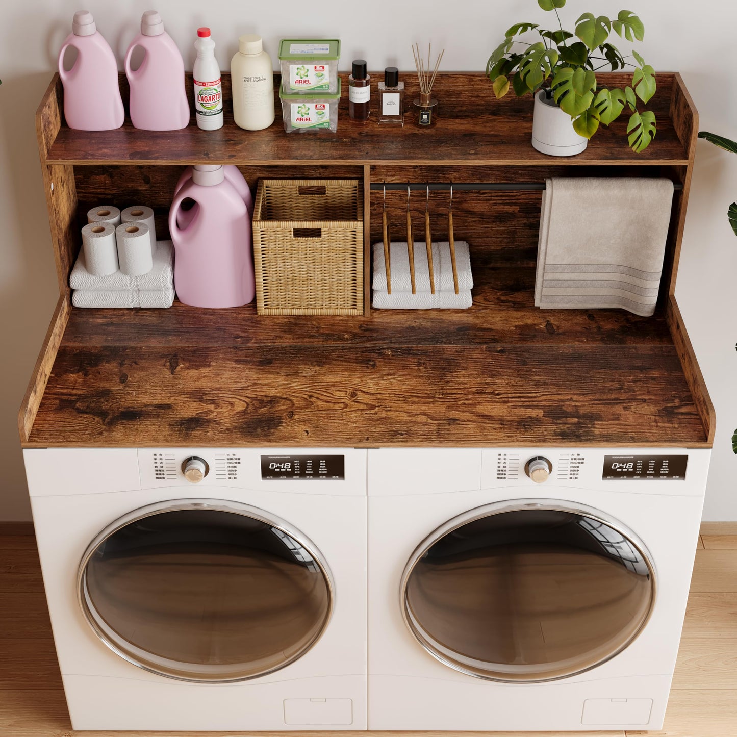 Unionly 2-Tier Washer Dryer Countertop with Clothes Rail，Laundry Topper with Edge and Non-Slip Pad for Washer and Dryer Laundry Hamper Counter Storage Organization (Rustic Brown, Full)