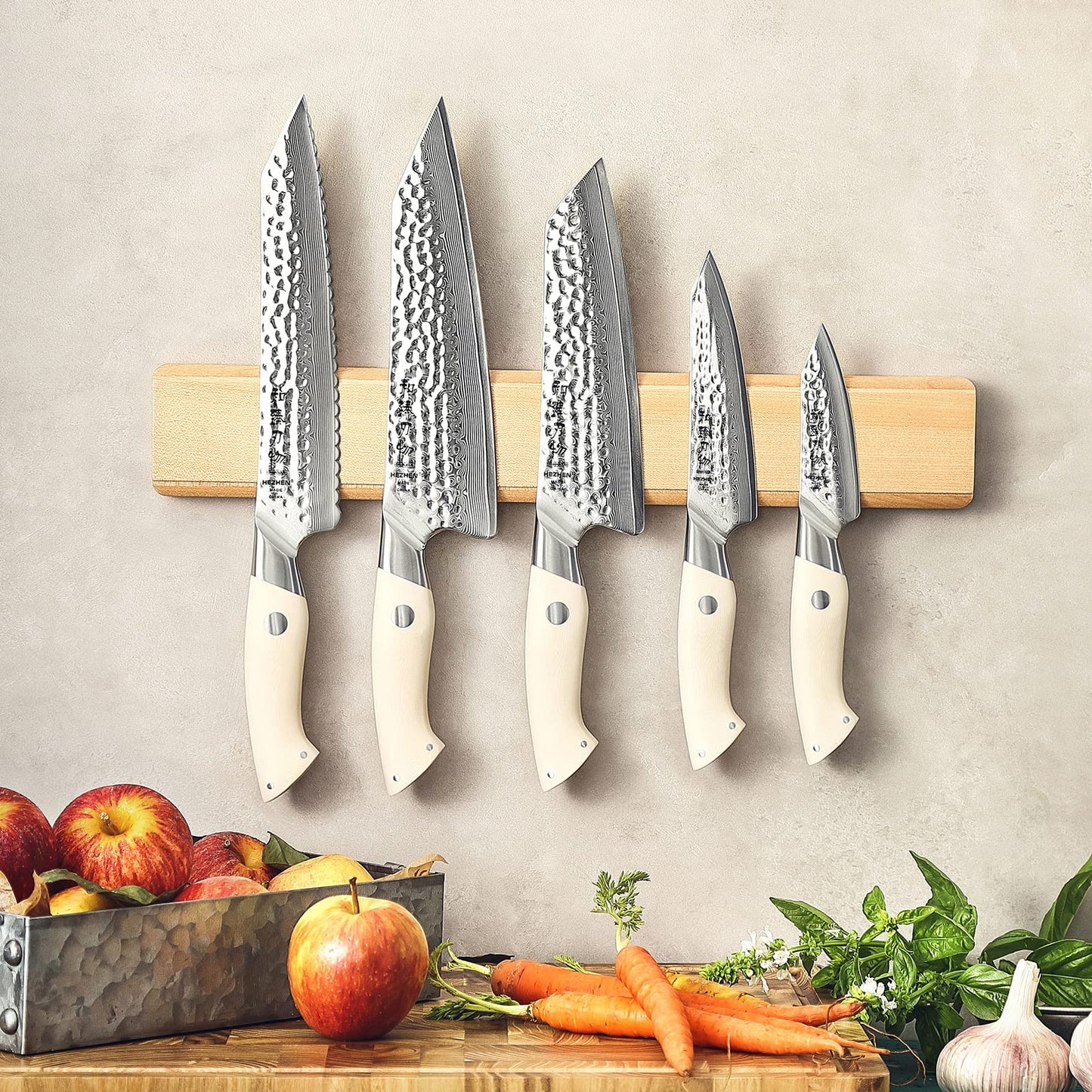 HEZHEN 5PCS Damascus Steel Kitchen Knife Set, 67 Layers Chef, Universal Peeling, Paring, Bread Knife, Ivory White G10 Handle Cooking Tools