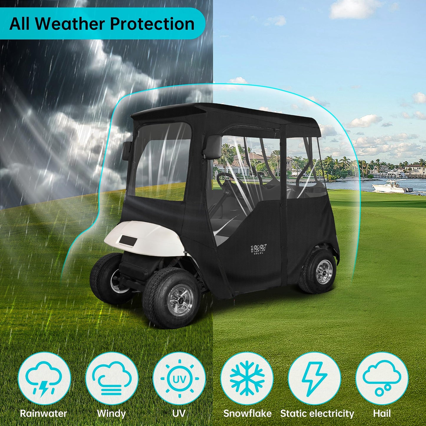 10L0L 2 Passenger Deluxe Golf Cart Driving Enclosure for EZGO TXT and RXV Model, 4-Sided Clear Window 600D Rain Cover All Weather Windproof Waterproof