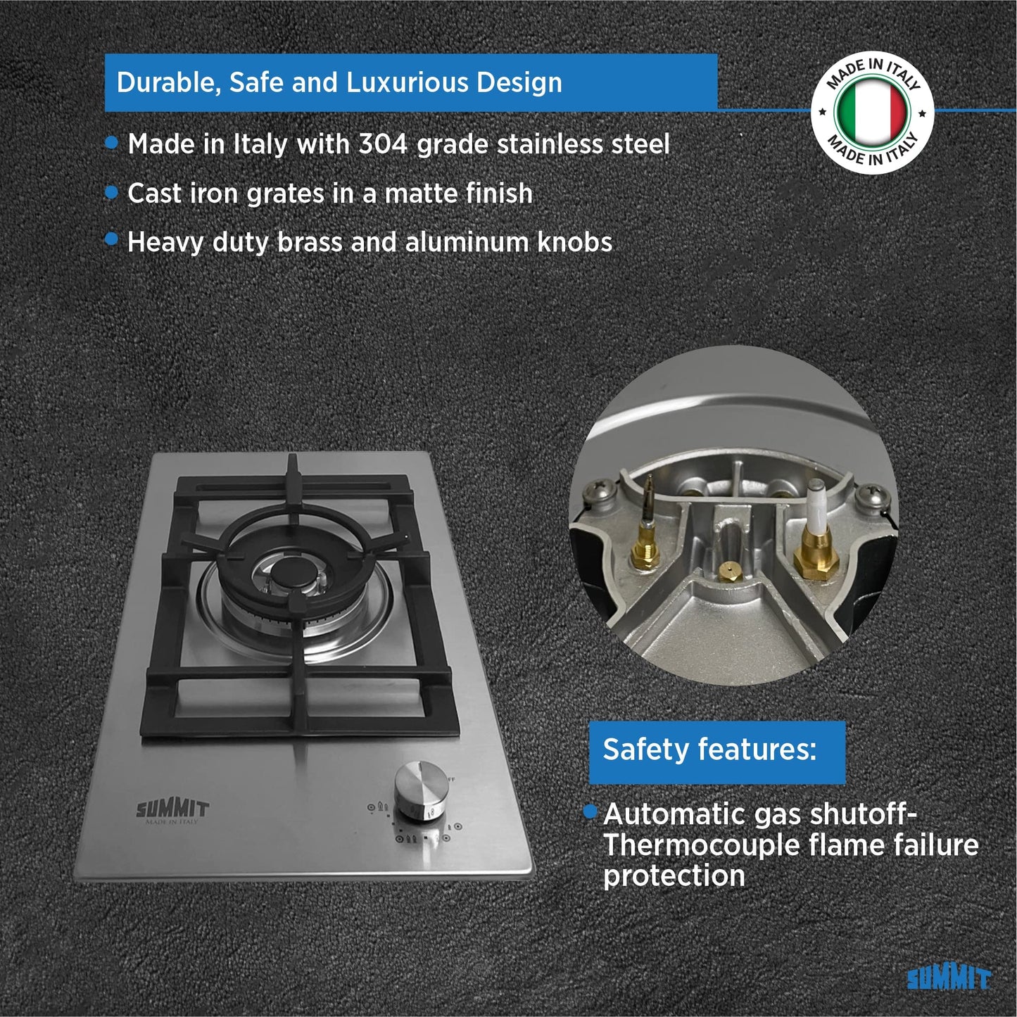 Summit GCJ1SS, 12-Inch-Wide Single Burner Gas Cooktop, Stainless Steel with Sealed Burners, Cast Iron Grates, Wok Ring, NG/LPG Conversion Kit, Flame Failure Protection, Easy to Clean, Cord Included