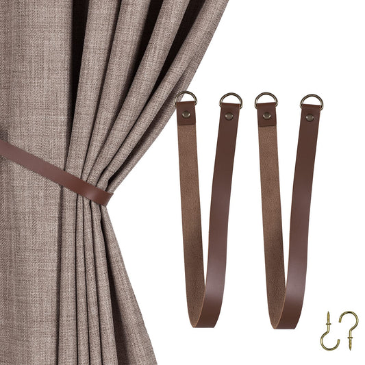 Home Queen Leather Curtain Tie Backs Attach to Wall, Outdoor Drape Holder Holdbacks Tiebacks with Hooks, Set of 2, Chocolate