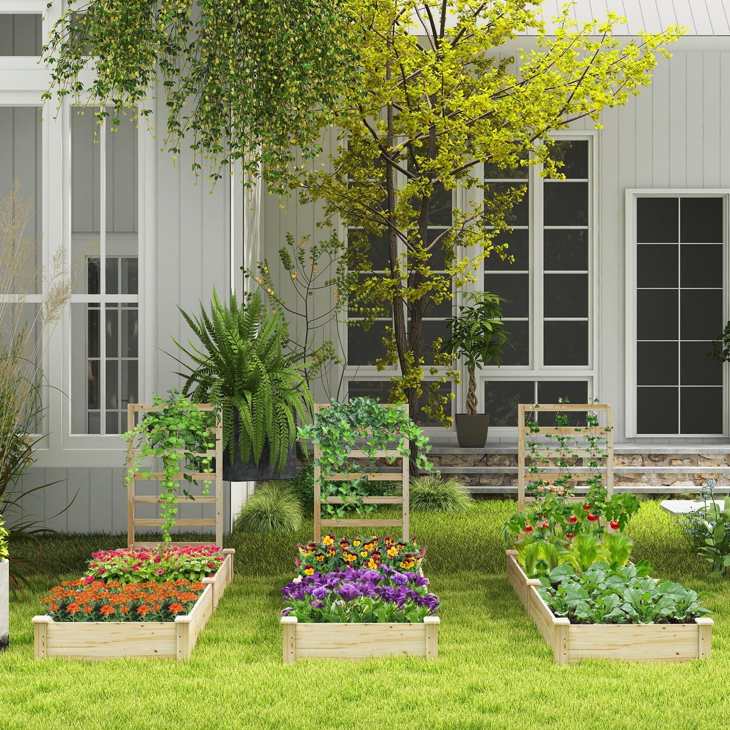 S AFSTAR Raised Garden Bed with Trellis & Planter Box, 93" L x 25" W x 40" H Outdoor Wooden Planter Box Kit for Flower Herb Vegetable Fruit Climbing Vines, Elevated Gardening Bed for Garden Patio