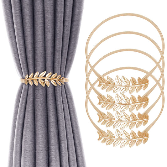 4Pack Curtain Tiebacks Aluminum Alloy Spring Design Curtain Holdback Leaf Carving Design Curtain Ties for Drapes Curtain Ties Backs Curtain Modern Style Curtain Holdback Decor(Gold Leaf)