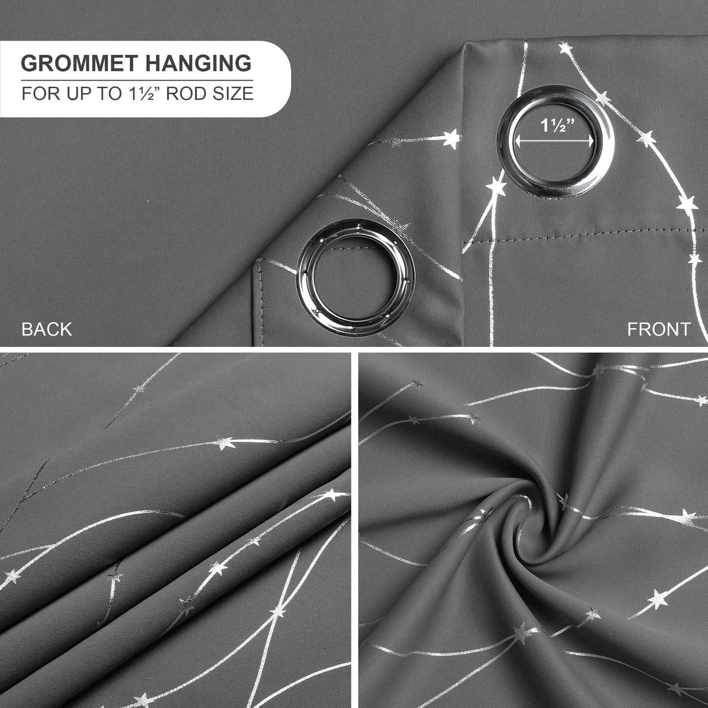SMILE WEAVER Grey Blackout Curtains for Living Room 63 Inch Long 2 Panels,Room Darkening Curtain-Star Print Design Noise Reducing Thermal Insulated Light Blocking Bedroom Window Drapes