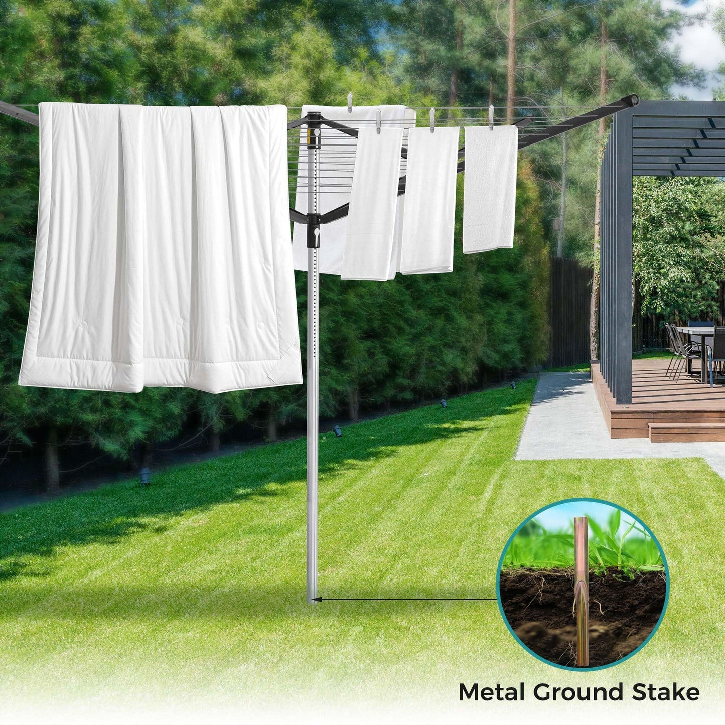 Suptinwear Outdoor Umbrella Clothes Drying Rack, 60m / 196ft Drying Space, 4-Arm Collapsible Steel Umbrella Clothesline with Adjustable Height for Laundry, Backyard & Patio