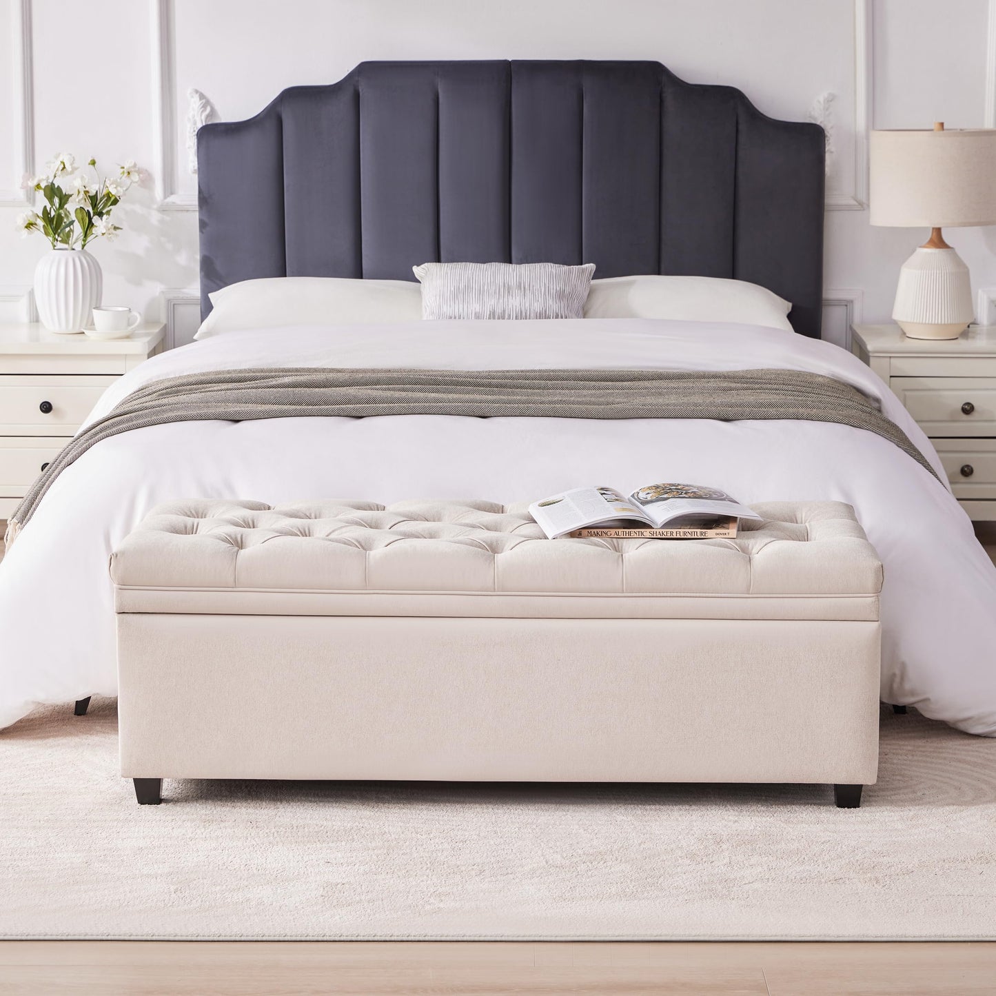 Mangodan 50" Storage Ottoman Bench, Tufted Ottoman with Storage for Living Room, Large End of Bed Ottomans, Modern Entryway Benchs, Window & Bedroom Benches for Foot of Bed (Beige)