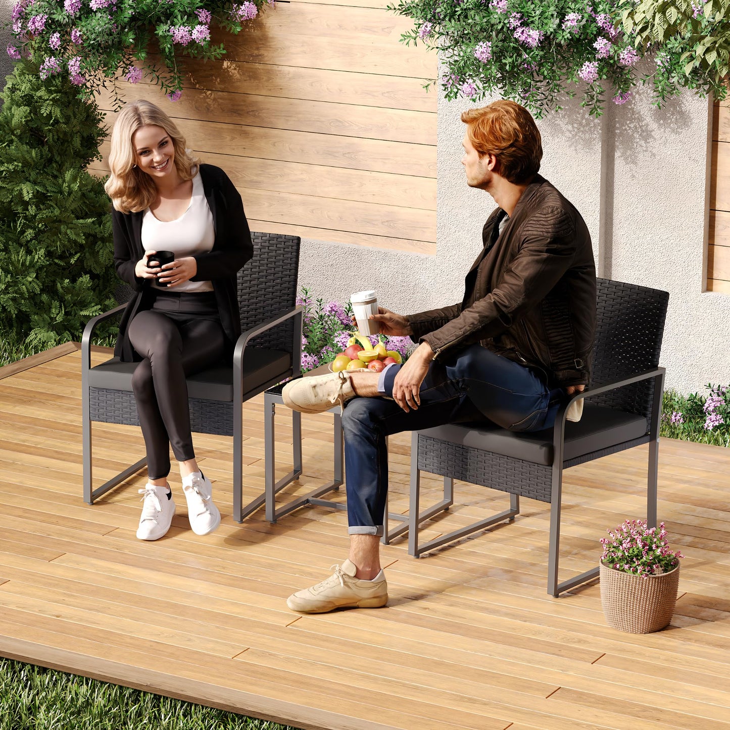 Gizoon 3 Pieces Patio Bistro Sets, Outdoor Rattan Conversation with Glass Table, Wicker Furniture Set with Cushion, for Backyard, Porch, Poolside, Lawn, Black