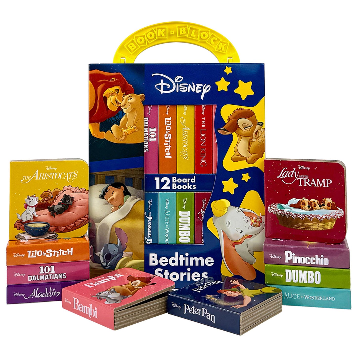 Disney Lion King, Lilo & Stitch, and More! – Bedtime Stories My First Library Board Book Block 12-Book Set - First Words, Alphabet, Numbers, and More! - PI Kids