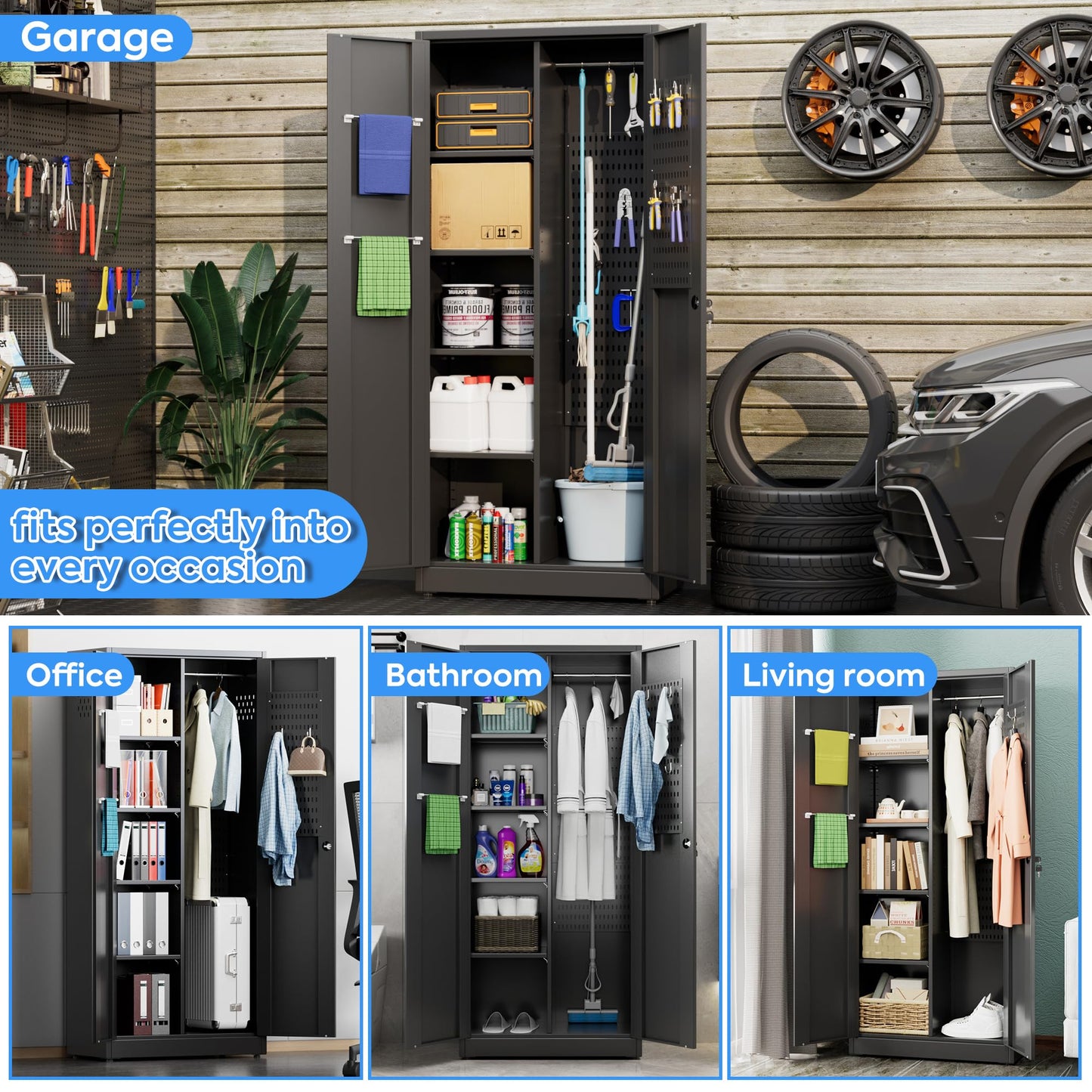 winbingon 61.61" H Metal Broom Closet Storage Cabinets with Pegboards and Hooks,Utility Closet Storage Cabinet with Hanging Rod and Adjustable Shelves for Garage,Laundry Room,Utility Room,Warehouse