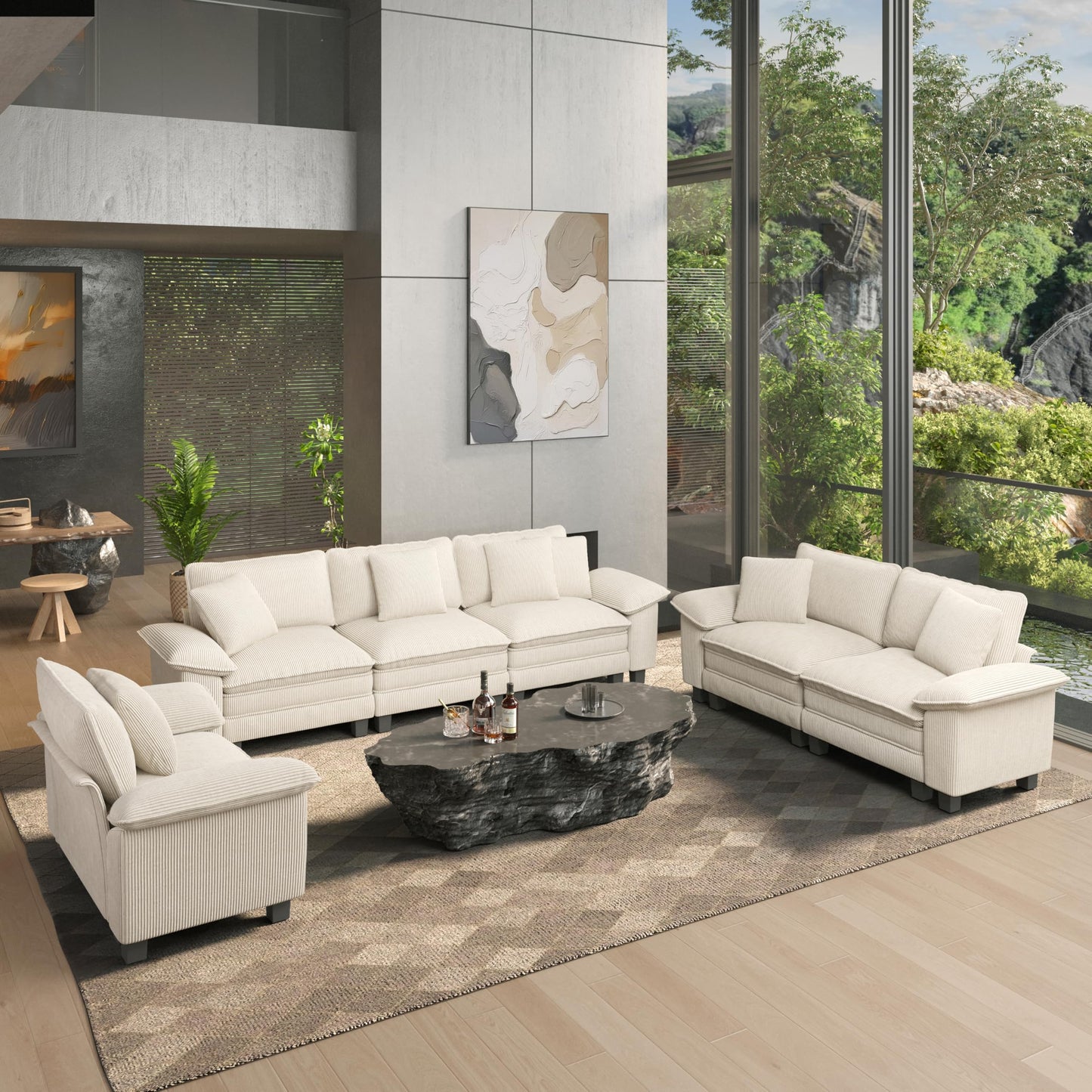 HERA'S HOUSE 3 Pieces Modular Sectional Sofa Sets, Oversized Couch Set with Loveseats, Comfy Cloud Couches with Throw Pillows, 7-Seater Deep Seat Sofa for Living Room, Corduroy Beige