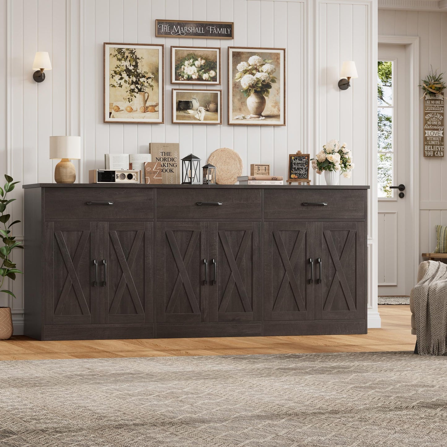 HOSTACK 71" Large Sideboard Buffet Cabinet with Storage, Farmhouse Coffee Bar Cabinet with 3 Drawers, Long Kitchen Buffet Table, Kitchen Sideboard Storage Cabinet for Dining, Living Room, Dark Brown