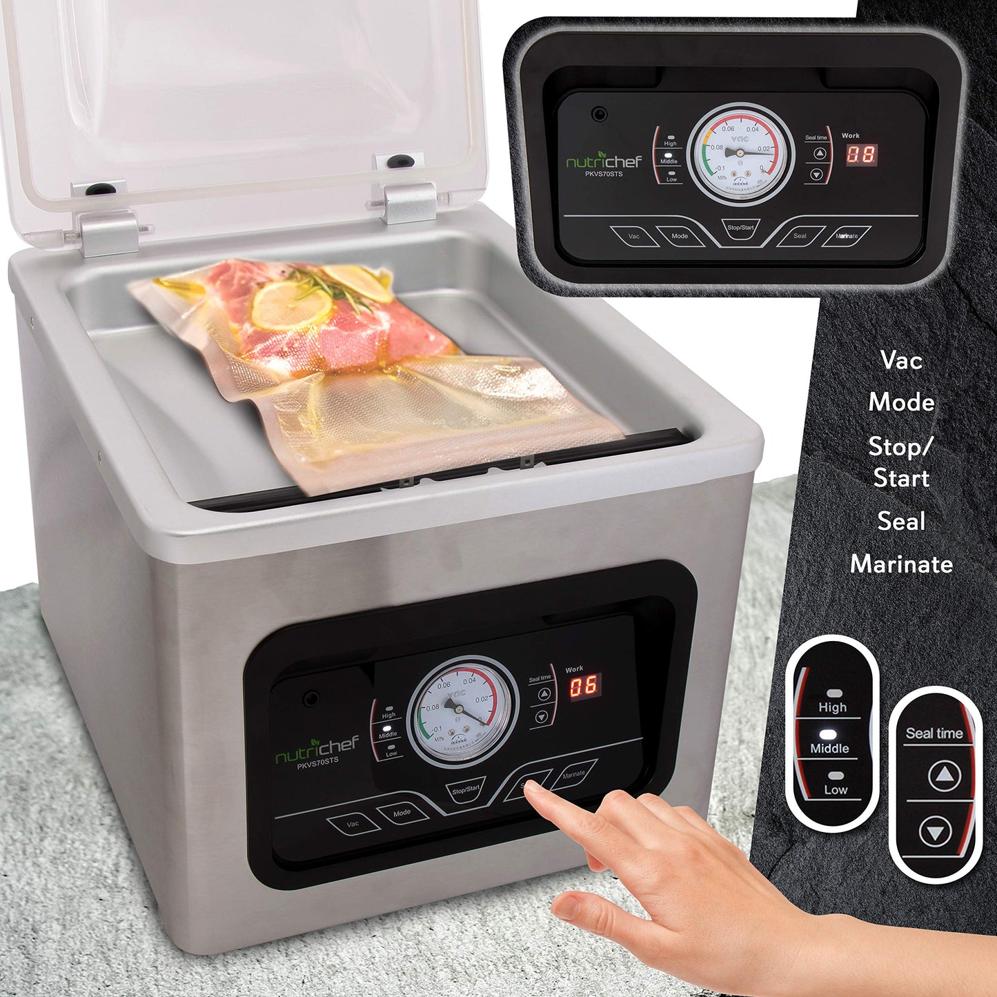 NutriChef 350W Vacuum Sealer Machine - 8L Chamber Commercial Food Sealer, Automatic Meat Packing and Sous Vide System with Digital Control, Includes Vacuum Roll Bags