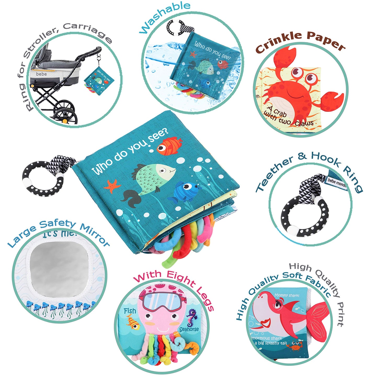 Fish Baby Crinkle Books with Teddy Bear Book Toys for Newborn Babies Infants 0-6, 6-12 and 12-18 Months, Books for 1 Year Old