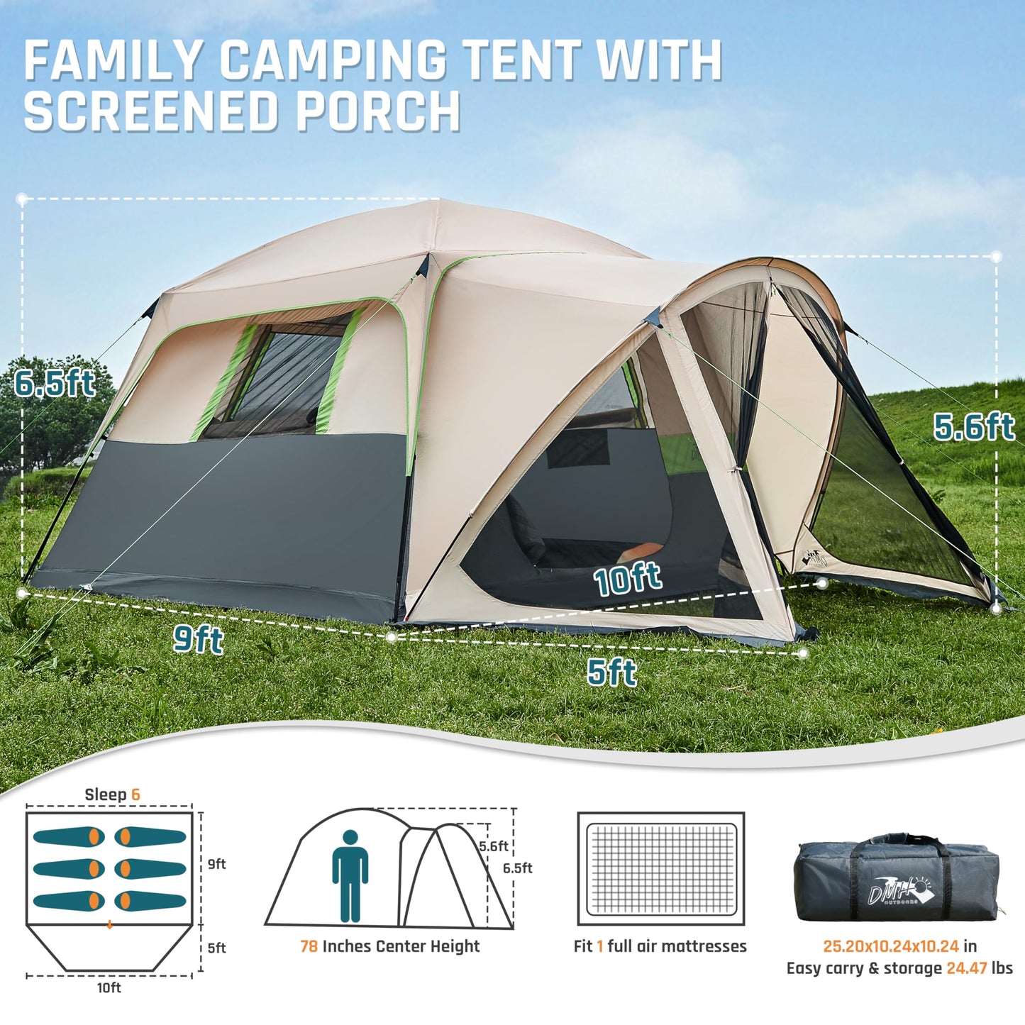 Tents for Camping 6 Person Camping Tent with Screen Porch, Weatherproof Large Cabin Tent with Rainfly and Carry Bag, Family Tent for Outdoor Camping and Backyard, Beige