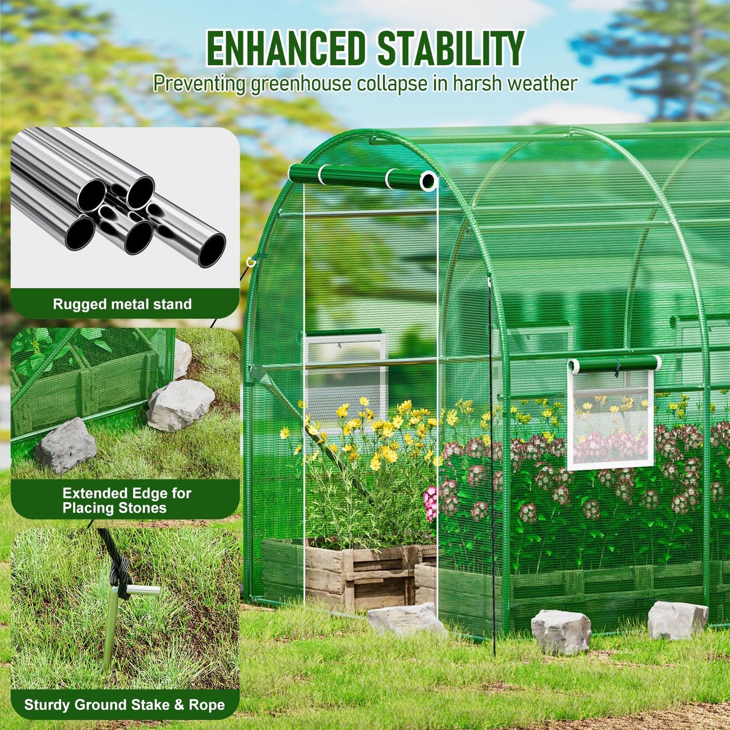 SPECILITE Walk-in Tunnel Greenhouse for Outdoors, 15×7×7 FT Heavy Duty Hoop House Kit with 8 Screen Windows, Thicken PE Cover & Galvanized Frame, Portable Large Green Houses for Outside, Winter, Green