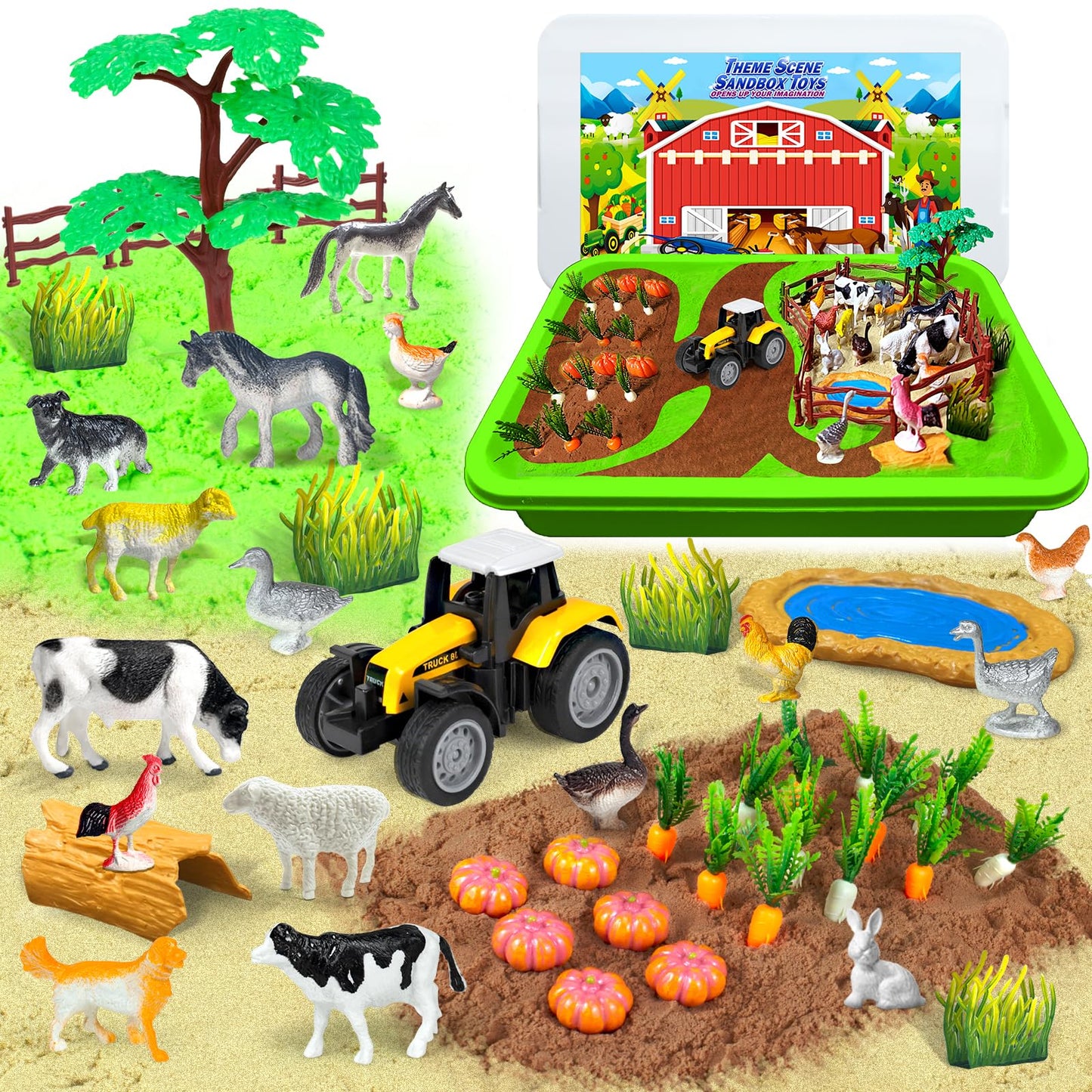 Bloolilies Sensory Bin, 59 Pcs Farm Sensory Sand Box Kits with Sandbox & Farm Animals & Tractor Playset, Play Sand Art Kit Magic Sand Toys for Boys Girls Toddlers Birthday Gift for Kids