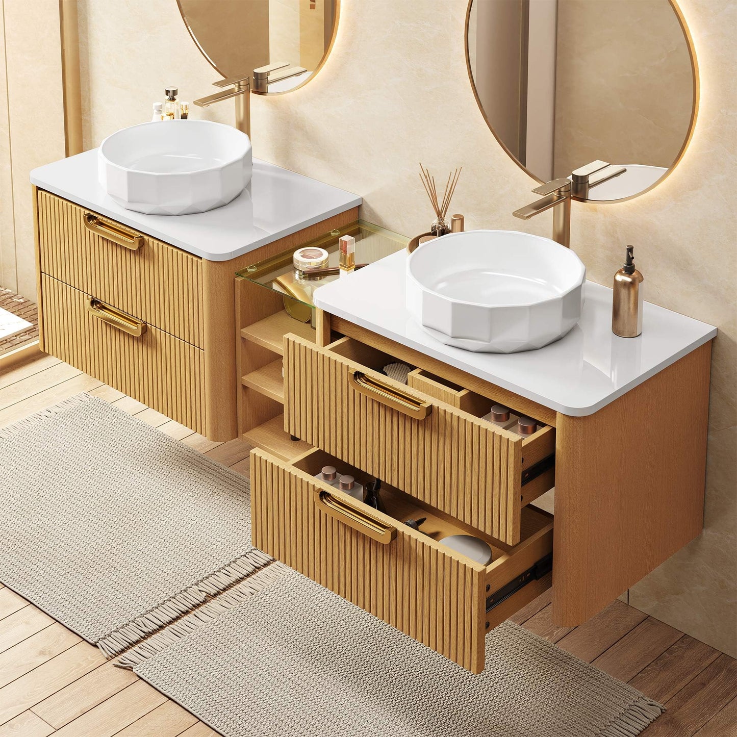 YITAHOME 72 Inch Floating Bathroom Vanity with 2 Faceted Ceramic Basins, Wall-Mounted Vanity with Engineered White Stone Top, 4 Large Storage Drawers & 4 Open Spaces, Wood Grain Texture, Light Walnut