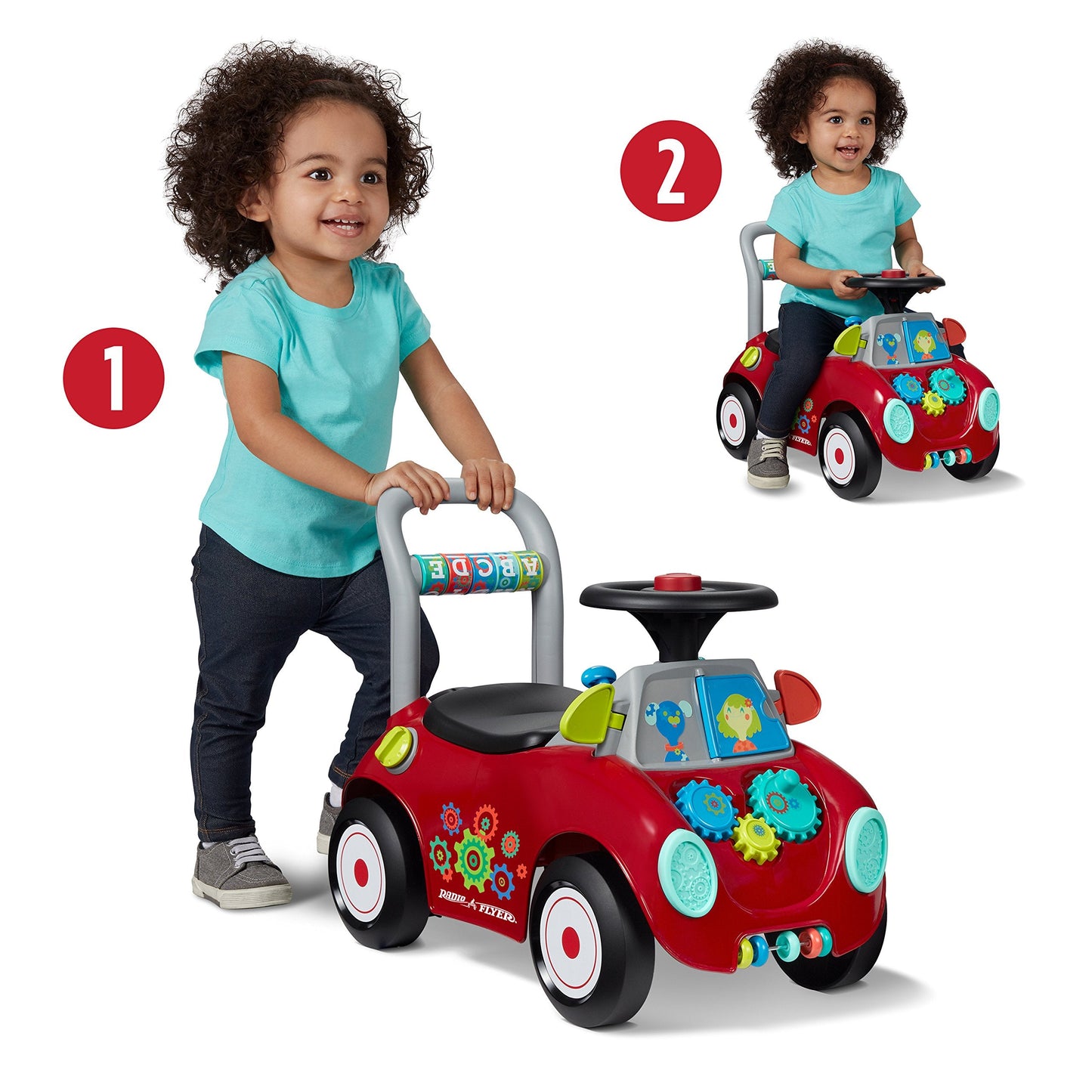 Radio Flyer Busy Buggy, for Toddlers 1-3, 3-in-1 Push Walker Ride On Car with 17 Sensory Activities, Anti-Tip Feature, Under-Seat Storage, Horn and Gears, 42 lb Capacity, Toddler Ride On Toys