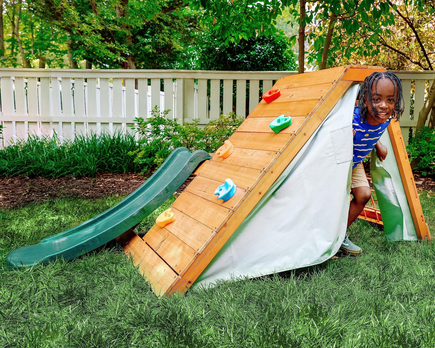 Avenlur Palm Outdoor and Indoor Playground 5 in 1 Backyard Playset with Ladder, Rock Wall, 4 ft. Slide, Tent Fort, Montessori Style Play Set Climber Playhouse Toddlers, Children, Kids 2-6yr (Green)
