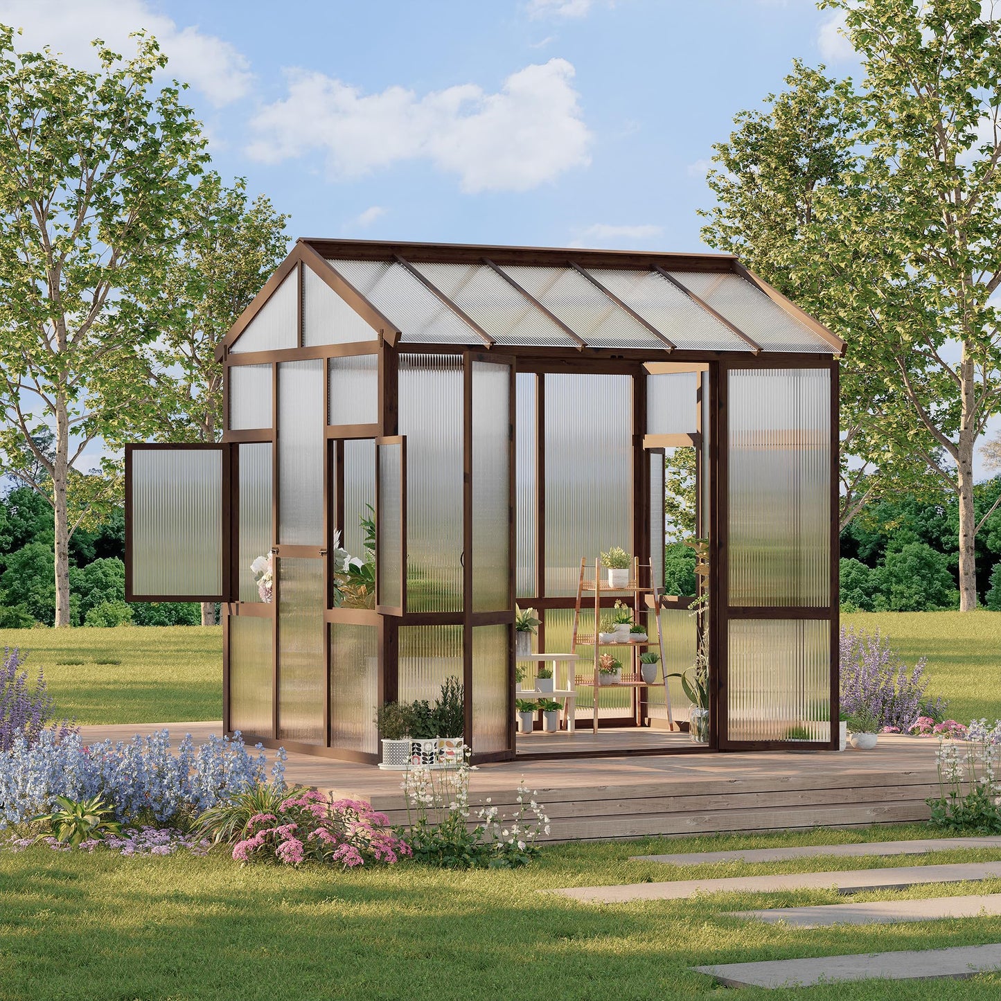 6x8 ft Wooden Greenhouse for Outdoor - Heavy Duty Walk-in Green House Kit with 6 mm Polycarbonate,Ventilated Window & Lockable Door for Backyard,Patio,Lawn