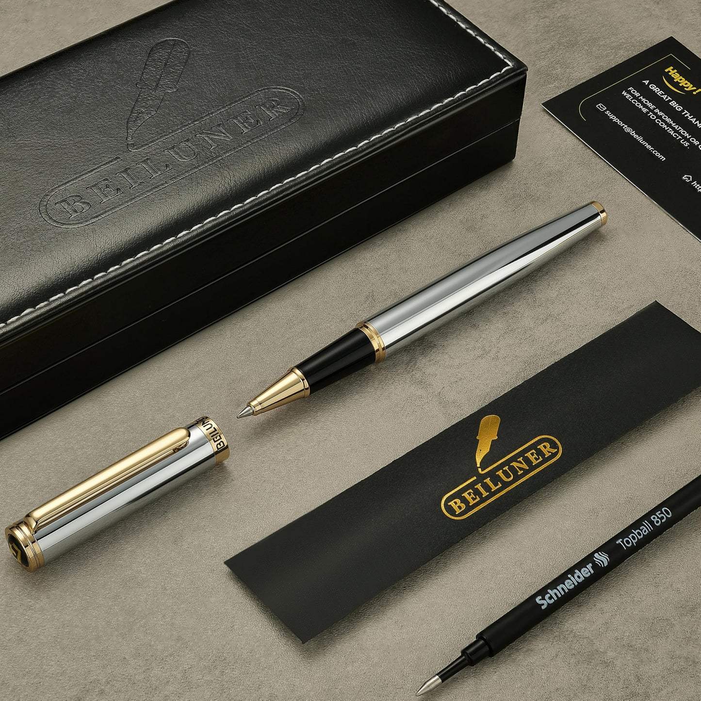 BEILUNER Luxury Rollerball Pen, Stunning Silver Chrome with 24K Gold Finish,Noble and Elegant Designs,Schneider Ink Refill, Best Gift Pen for Men & Women, Professional, Executive Office, Fancy Pens