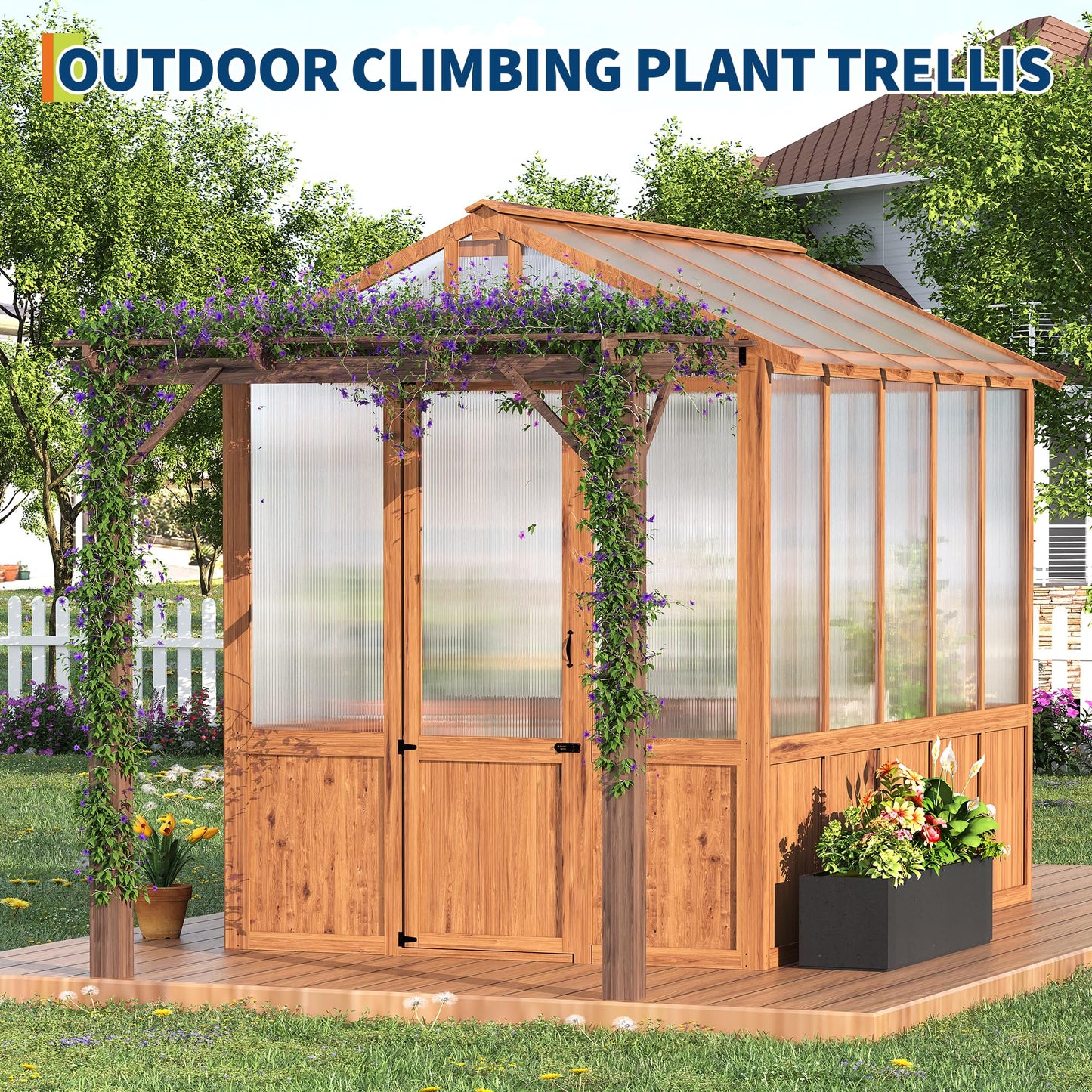 8x13FT Wooden Greenhouse with Pergola – Cedar Frame, Roof Vent & Polycarbonate Walk-in Greenhouse for Outdoor
