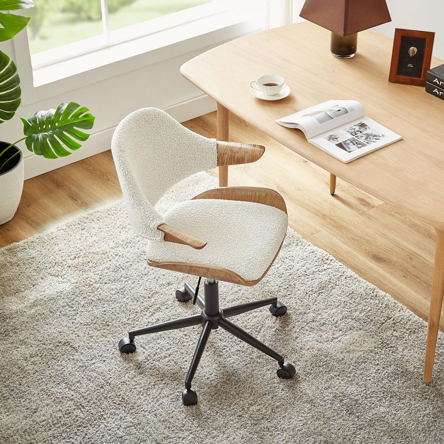 Art Leon Swivel Desk Chair, Mid Century Modern Office Chair with Wheels, Boucle Fabric Upholstered Arm Chair, Adjustable Height Task Chair with Metal Base, Washed Oak Bentwood, White