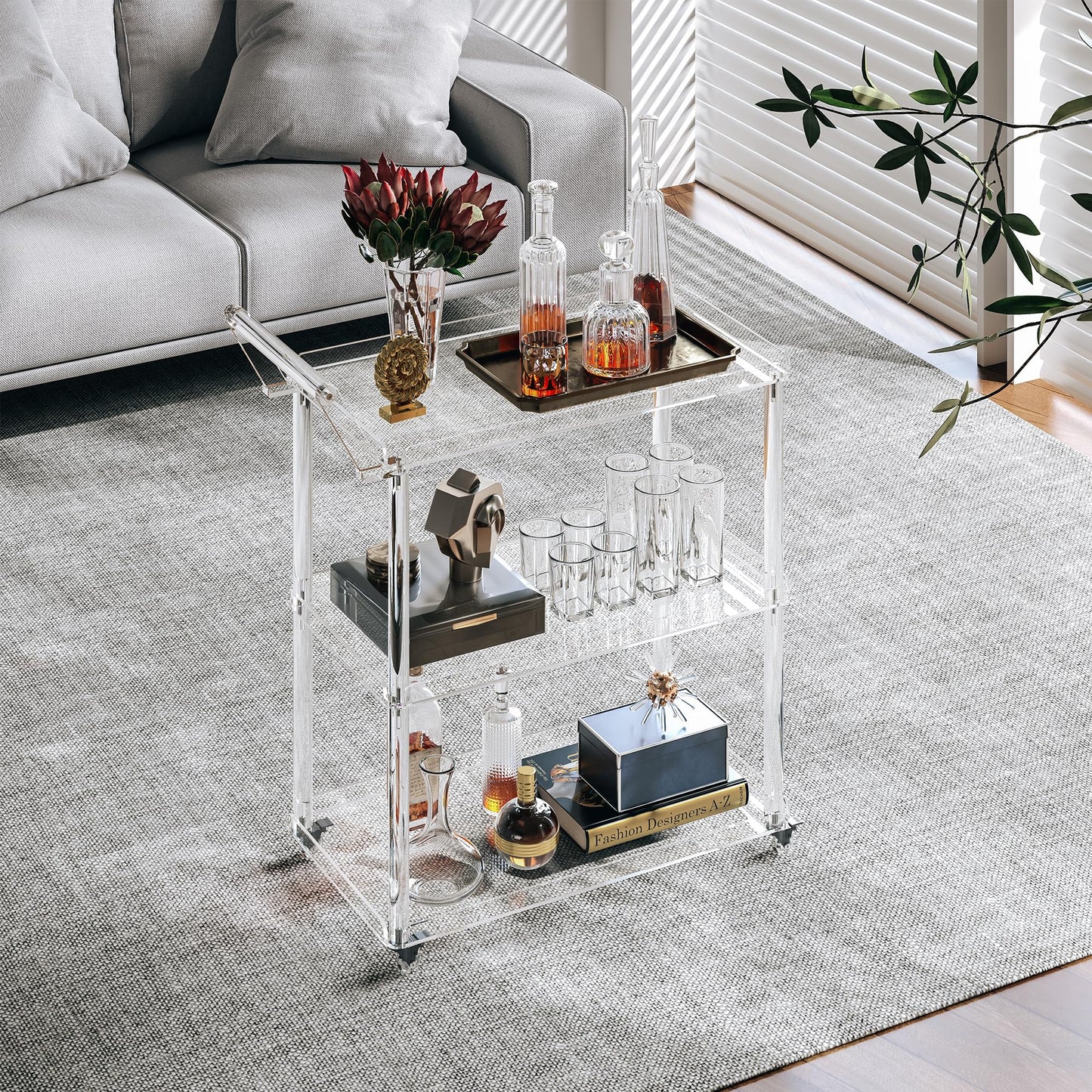 Dethan Acrylic Bar Cart with Lockable Wheels, Rolling Serving Cart with Pulling Handle, 3-Tier Clear for Home Bar, Kitchen, Living Room, Portable Beverage Space-Saving Modern Acrylic Trolley