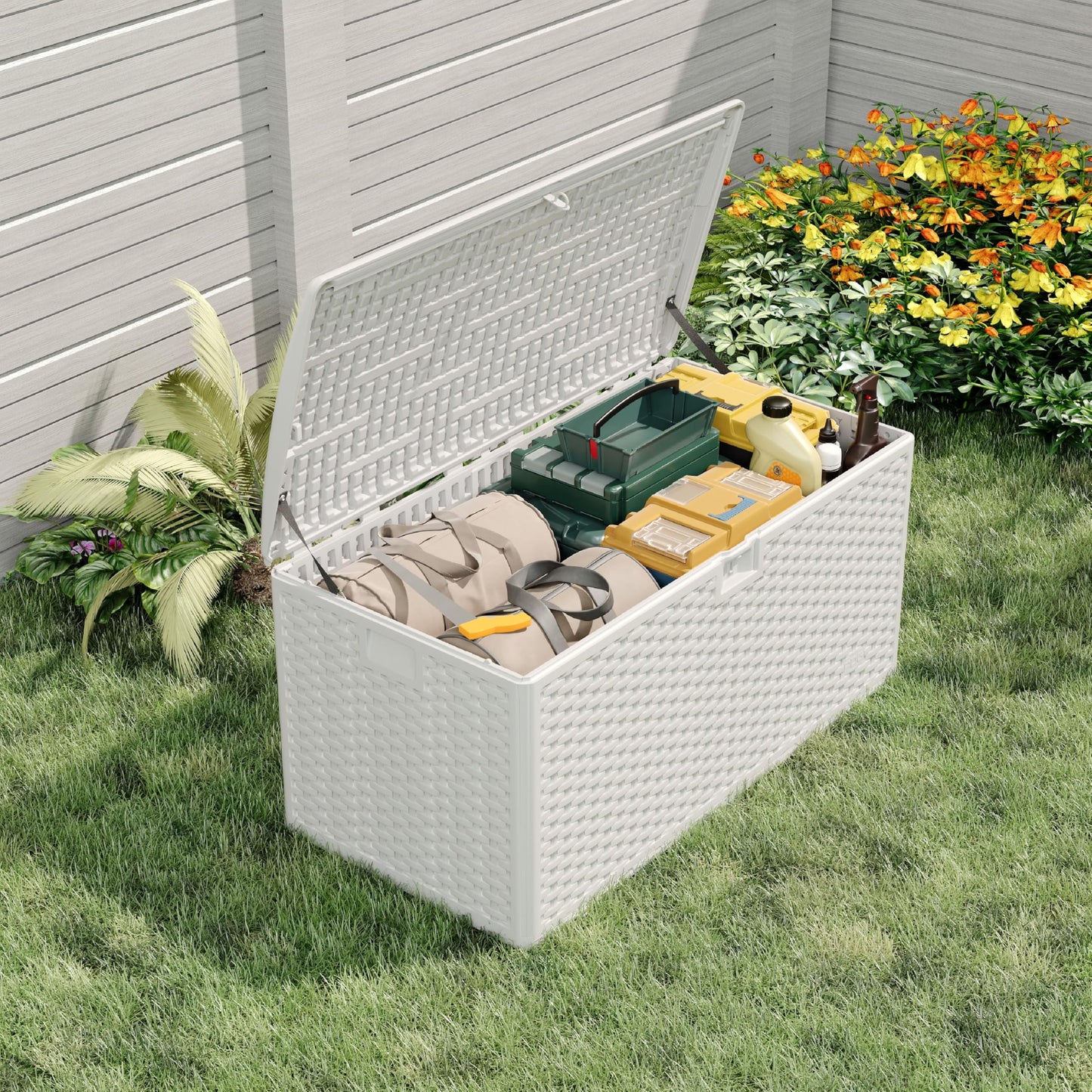 CABIHOME Outdoor Storage Box 99 Gallon Waterproof Large Resin Deck Box Indoor Outdoor Lockable Storage Container for Patio Furniture Cushions Garden Tools, Pool Garden, 99 Gallon, White