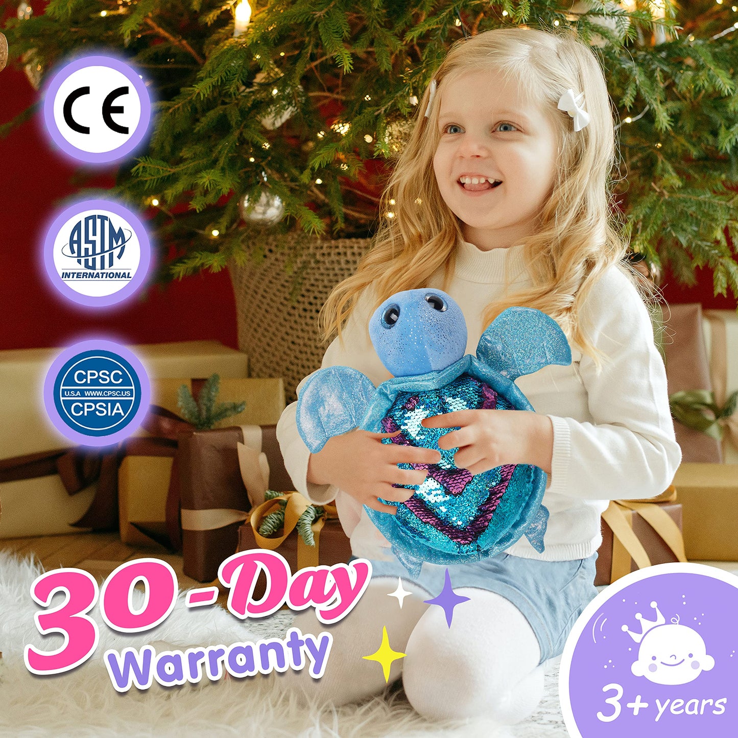 Athoinsu Reversible Sequins Stuffed Animal Sea Turtle Sparkly Soft Plush Toy Ocean Life Tortoise Throw Pillow Birthday Valentine's Day Plushie Gifts for Toddler Kids Boys and Girls, 12'' (Blue)