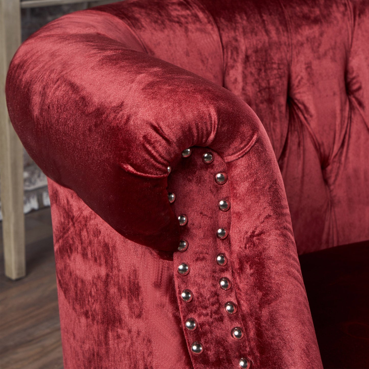 GDFStudio Melaina Tufted Chesterfield Velvet Loveseat with Scrolled Arms, Garnet and Dark Brown
