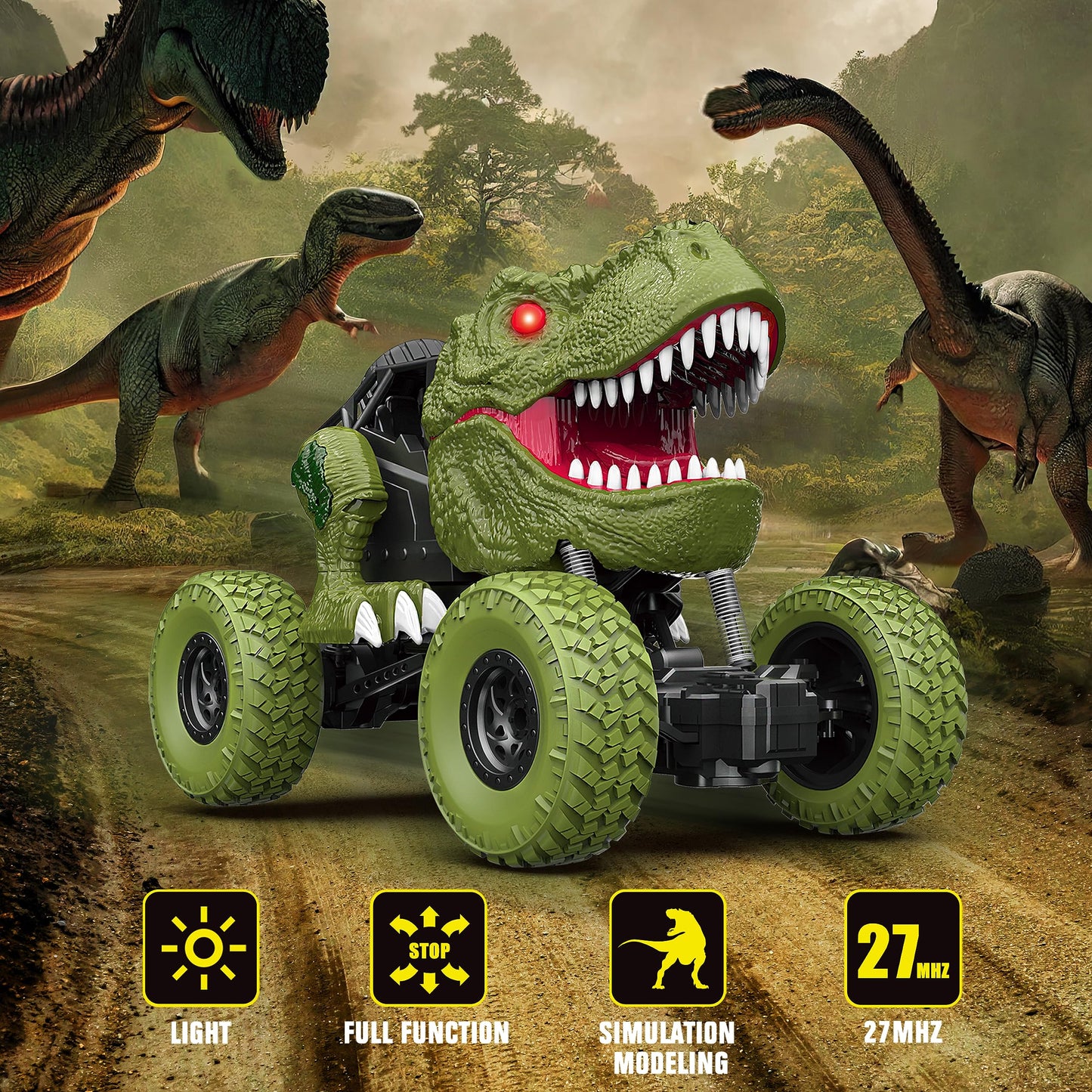 Remote Control Dinosaur Car for Kids Boys, 2.4Ghz All Terrain Remote Control Dinosaur Truck with Light, Rechargeable 4WD Off Road RC Car Toys for Kids 3 4 5 6 7 8-12 Year Old Boys Girls Birthday Gift
