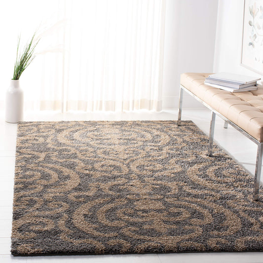 SAFAVIEH Florida Shag Collection Area Rug - 5'3" x 7'6", Grey & Beige, Damask Design, Non-Shedding & Easy Care, 1.2-inch Thick Ideal for High Traffic Areas in Living Room, Bedroom (SG462-8013)