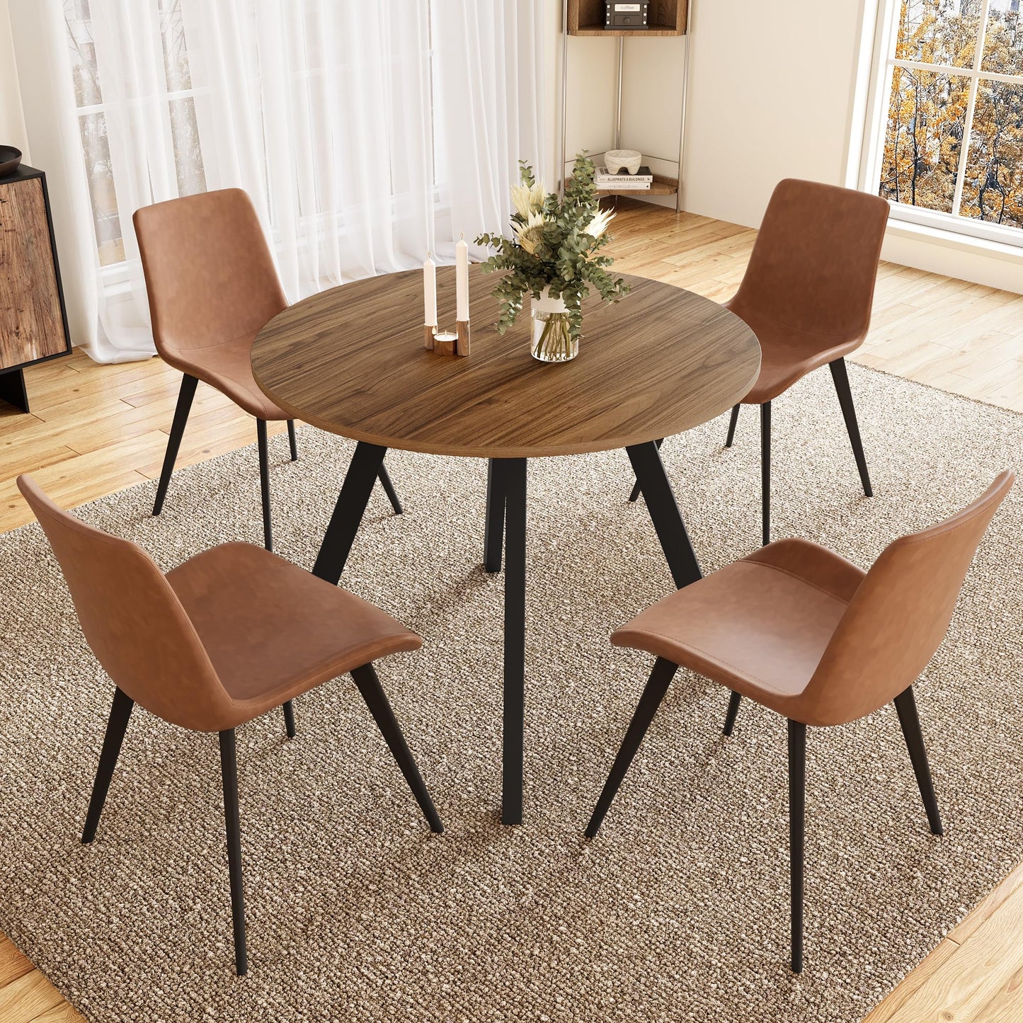 Zerifevni 34.6'' Round Dining Table and Chairs for 4 Space Saving for Apartment Kitchen Dining Room (Walnut Table+4 Brown Chairs)
