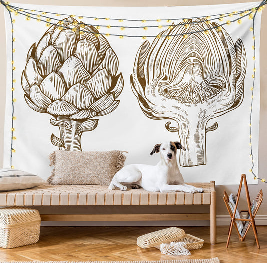 Lunarable Artichoke Tapestry, Vintage Engraved Style Illustration of Sliced Veggie Outline Graphic Art, Fabric Wall Hanging Decor for Bedroom Living Room Dorm, 45" X 30", Brown and White