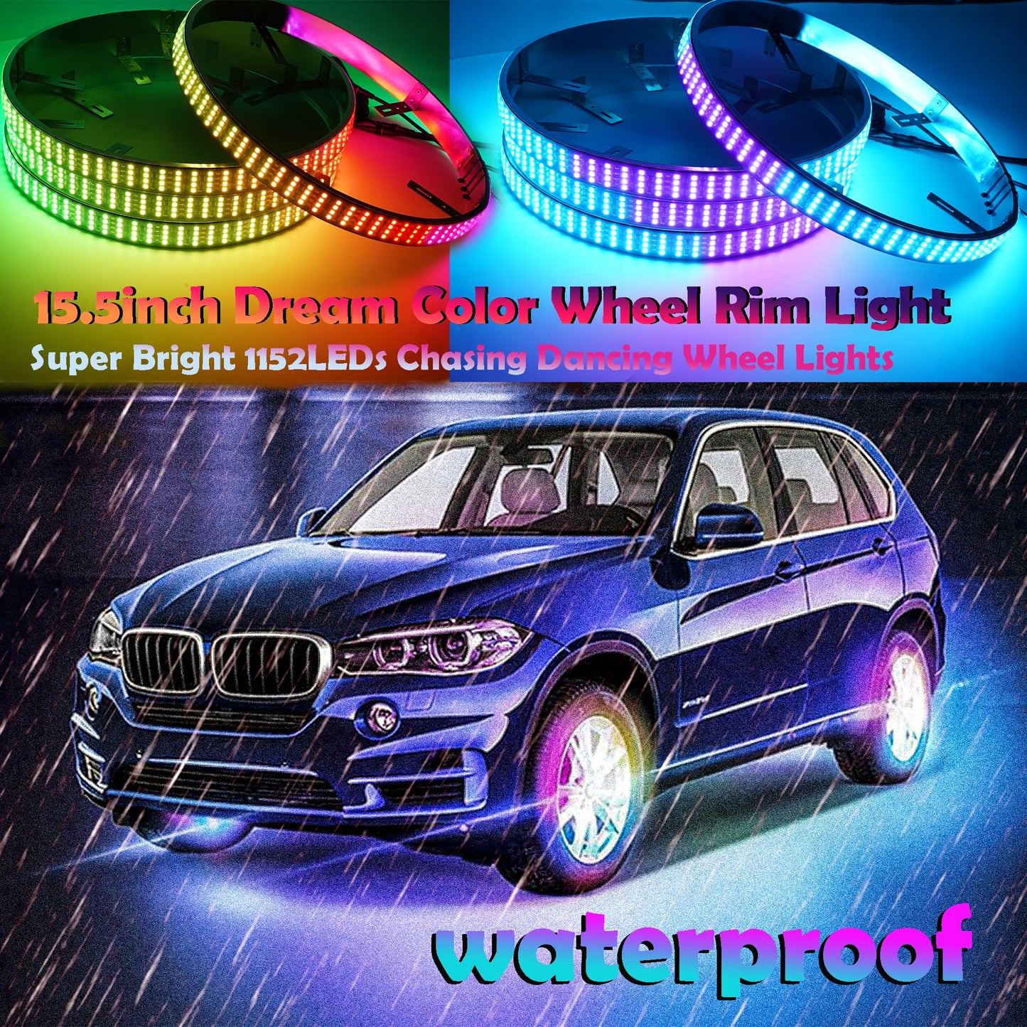 JXOFROAD 15.5'' RGB Color Changing Wheel Lights, Quad Rows 1152LEDs Brightest LED Wheel Lights,16 Million Colors APP Control,Waterproof Multicolor Wheel Ring for Truck Cat SUV Pickup Off-Road(4 PCs)