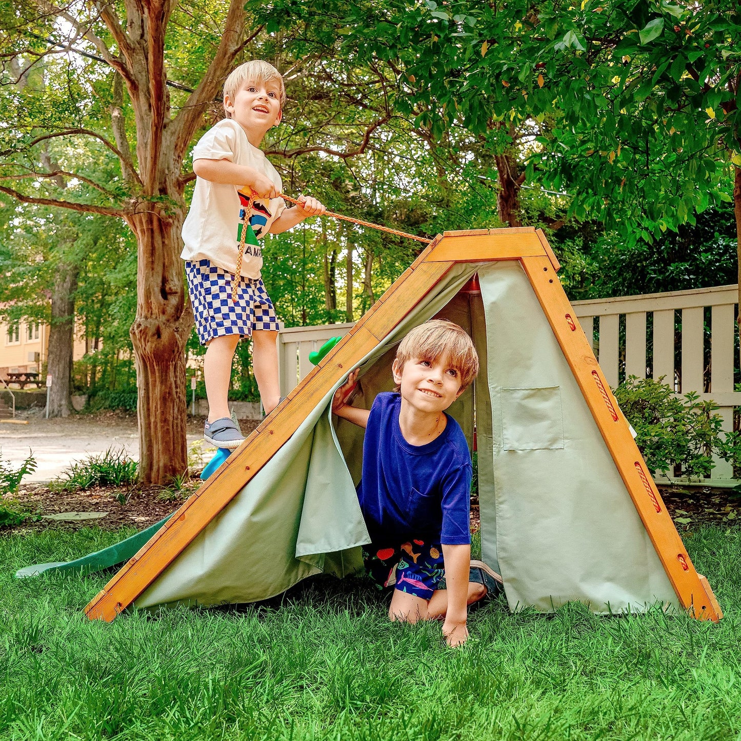 Avenlur Palm Outdoor and Indoor Playground 5 in 1 Backyard Playset with Ladder, Rock Wall, 4 ft. Slide, Tent Fort, Montessori Style Play Set Climber Playhouse Toddlers, Children, Kids 2-6yr (Green)