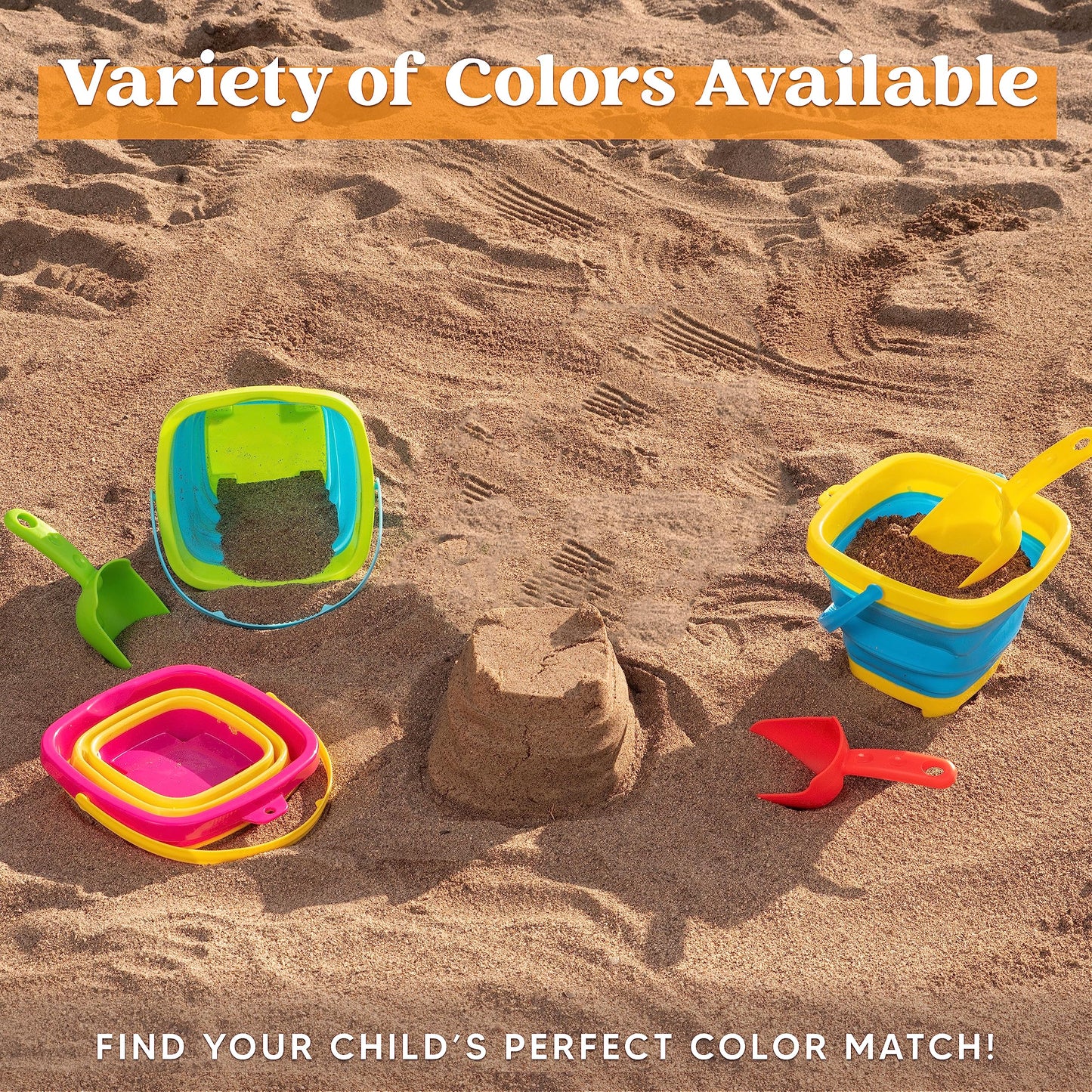 Sloosh 3 PCS Foldable Buckets with 3 Shovels Sand Water Bucket Sandbox Square Party in Summer Foldable Pail Silicone Collapsible Bucket Kids Beach Toys Travel (Yellow/Blue/Green)