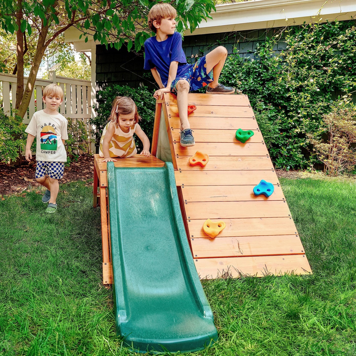Avenlur Palm Outdoor and Indoor Playground 5 in 1 Backyard Playset with Ladder, Rock Wall, 4 ft. Slide, Tent Fort, Montessori Style Play Set Climber Playhouse Toddlers, Children, Kids 2-6yr (Green)